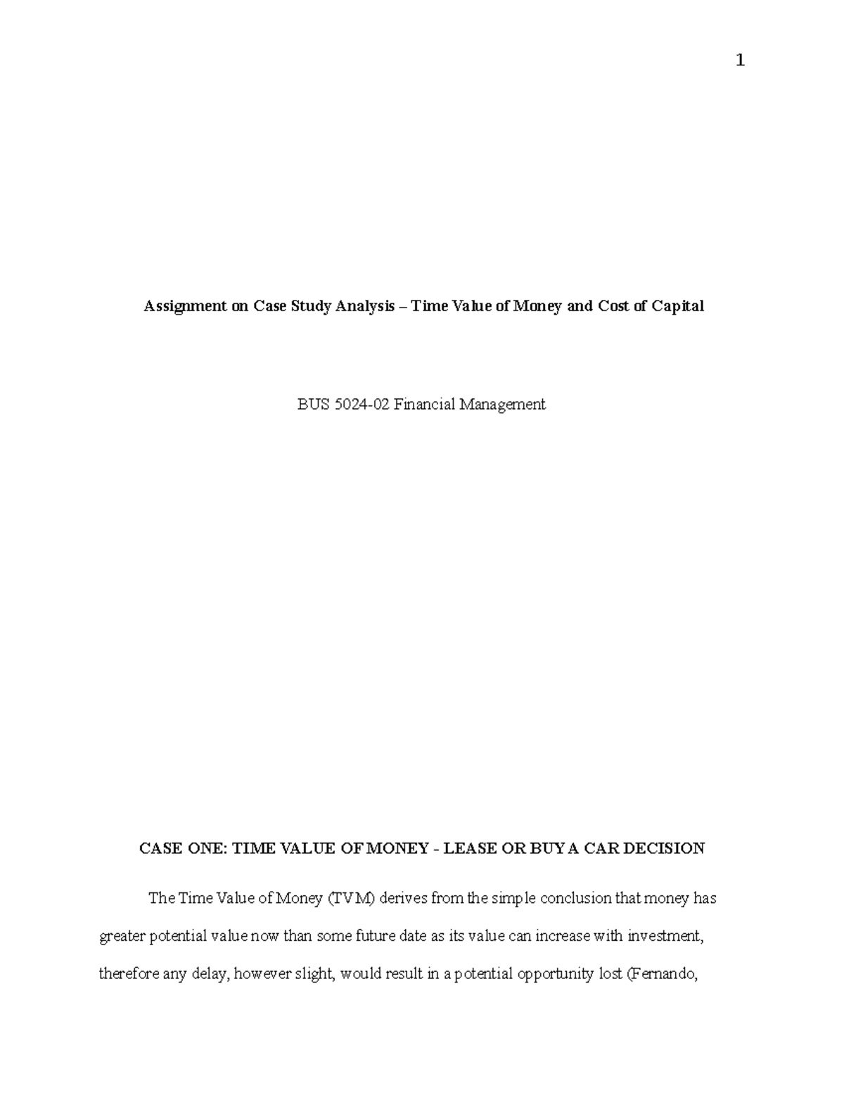BUS Financial Management Case Study: Time Value of Money & Cost of ...