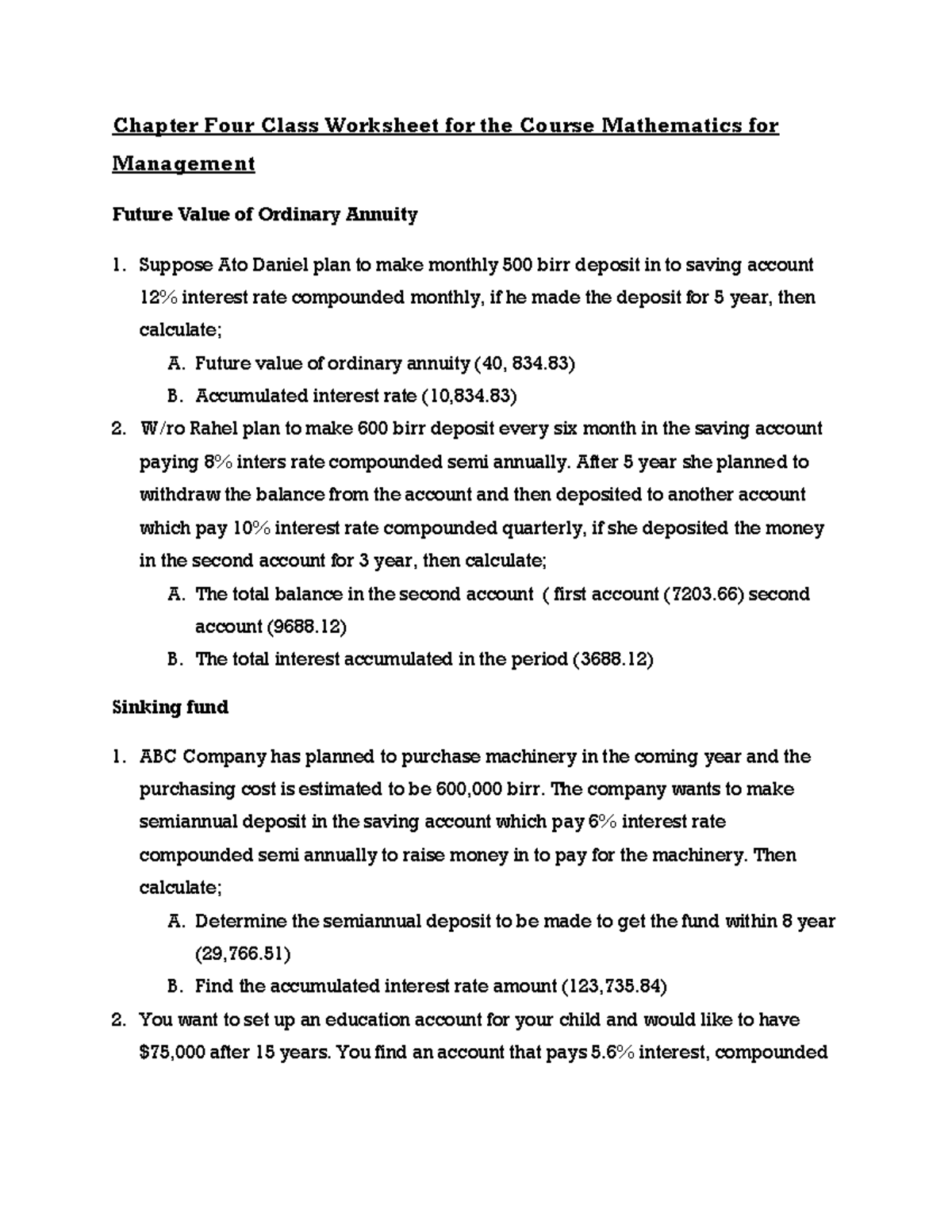 Chapter 4 Class Worksheet: Future & Present Value in Math for ...