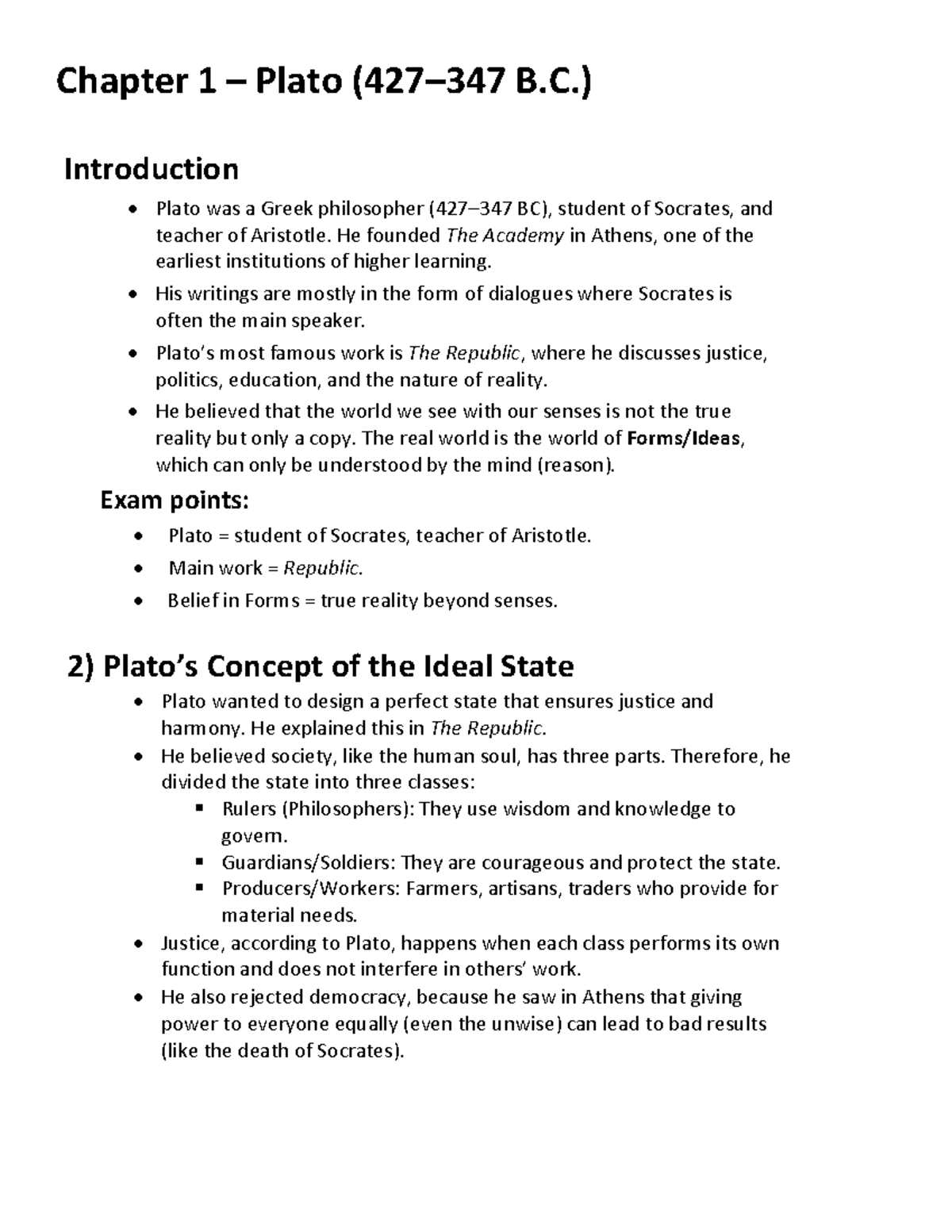 Plato (B.C.) - Comprehensive Chapter Notes on Philosophy - Studocu