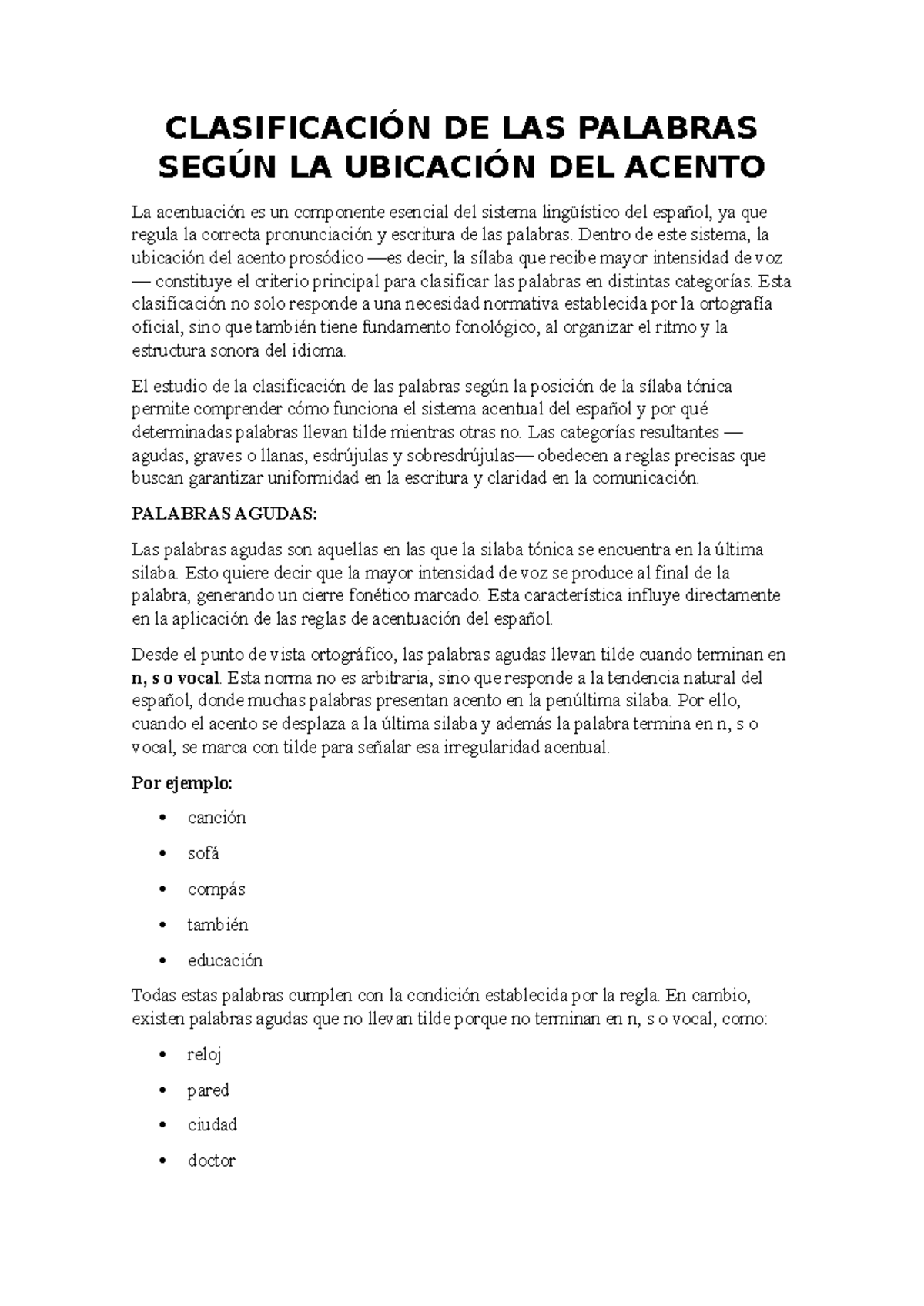 Clasificación de las Palabras según la Ubicación del Acento - Studocu