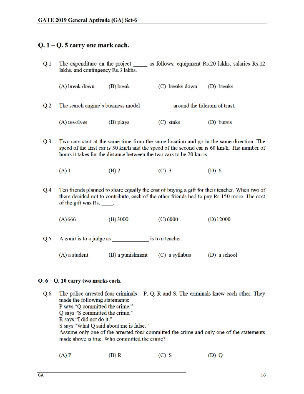 CSE 2022 - Gate Paper - GATE 2022 General Aptitude (GA) Q – Q Carry ONE ...