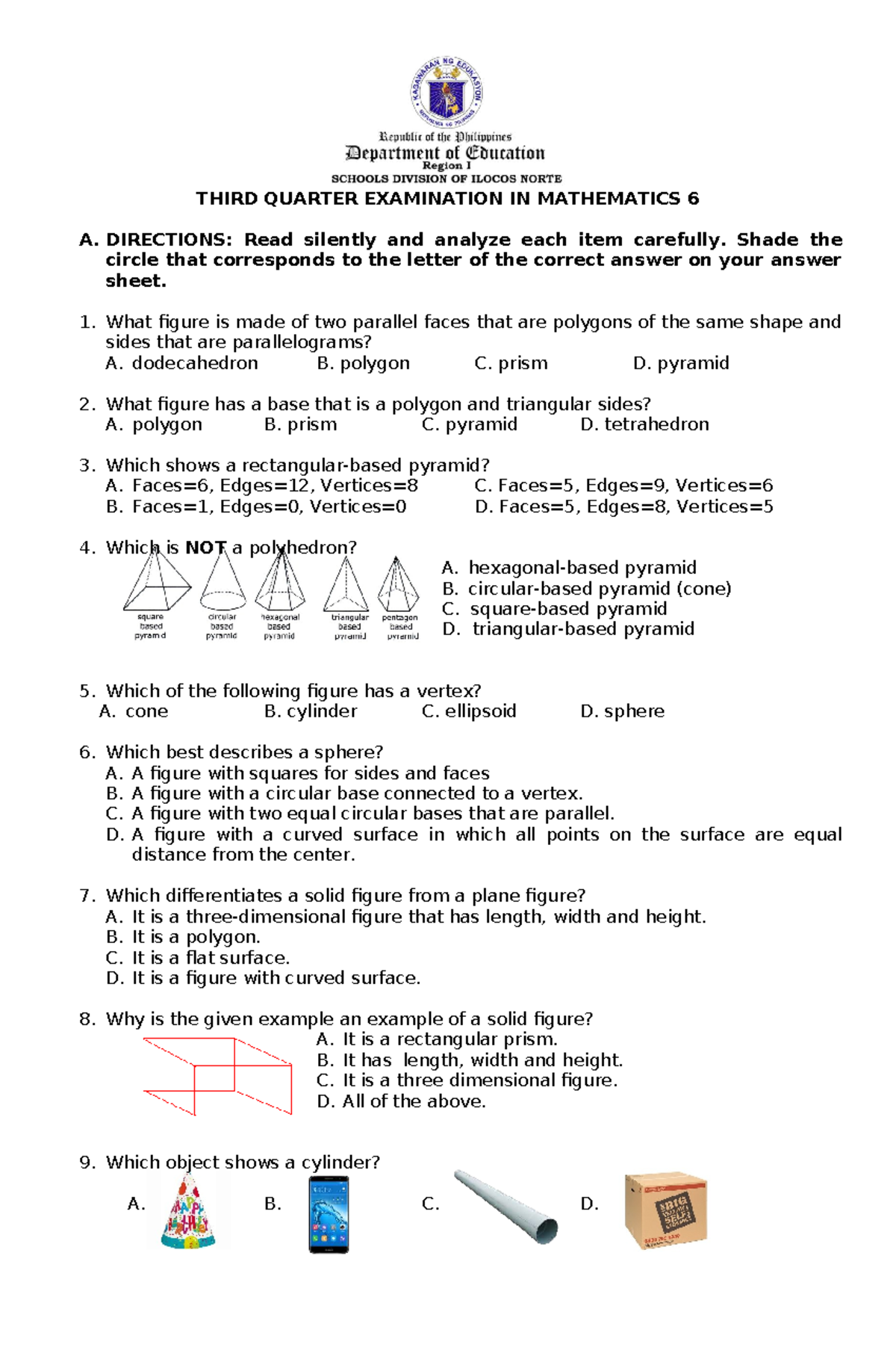 Mathematics 6 A: Third Quarter Exam Review and Practice Questions - Studocu