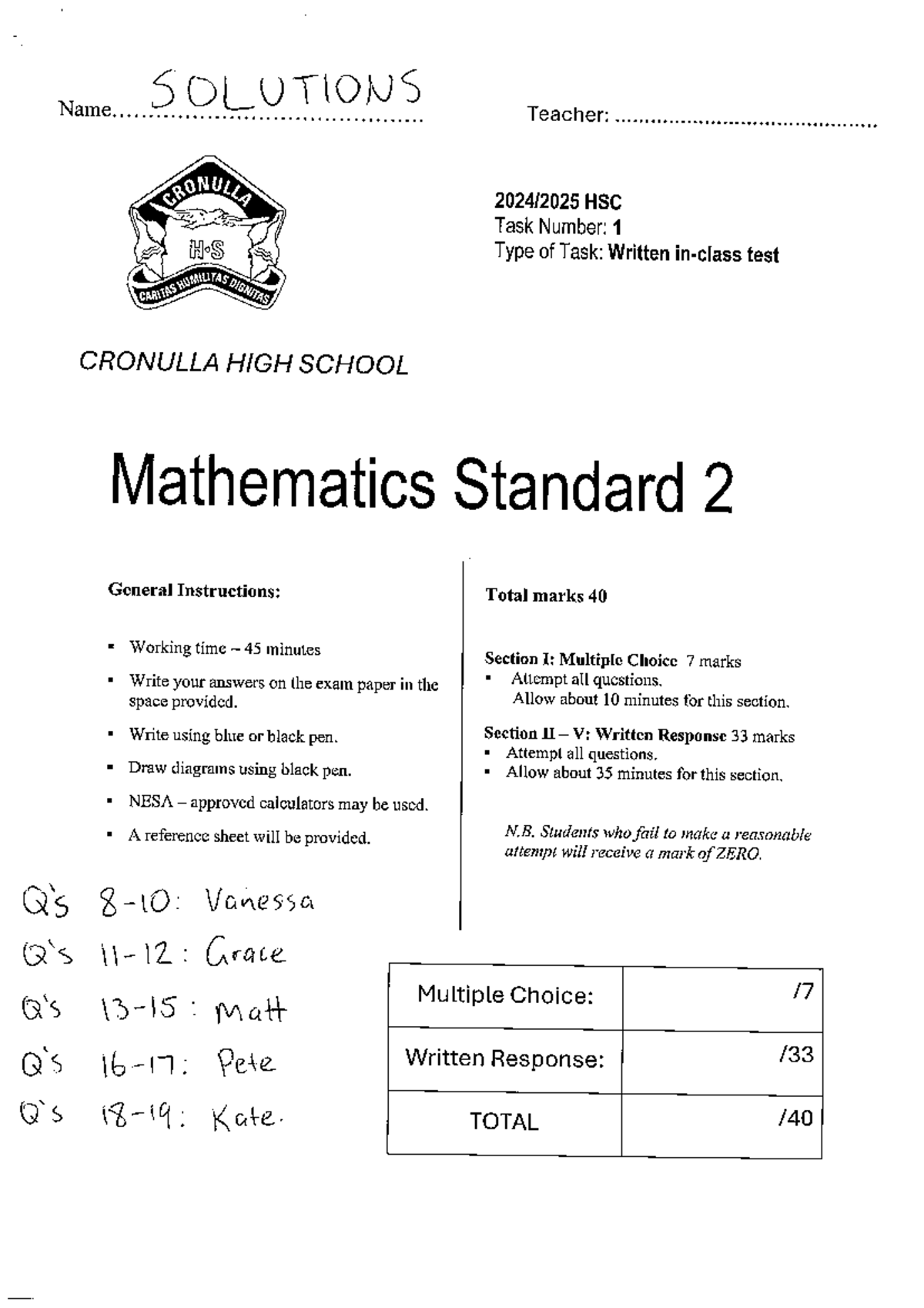 2024 HSC Mathematics Standard 2 Past Paper Solutions - Studocu