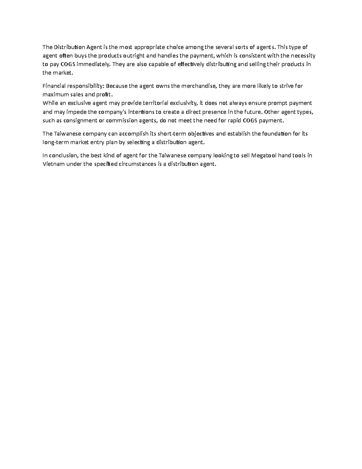 Distribution Agent Selection for Market Entry Strategy - Studocu