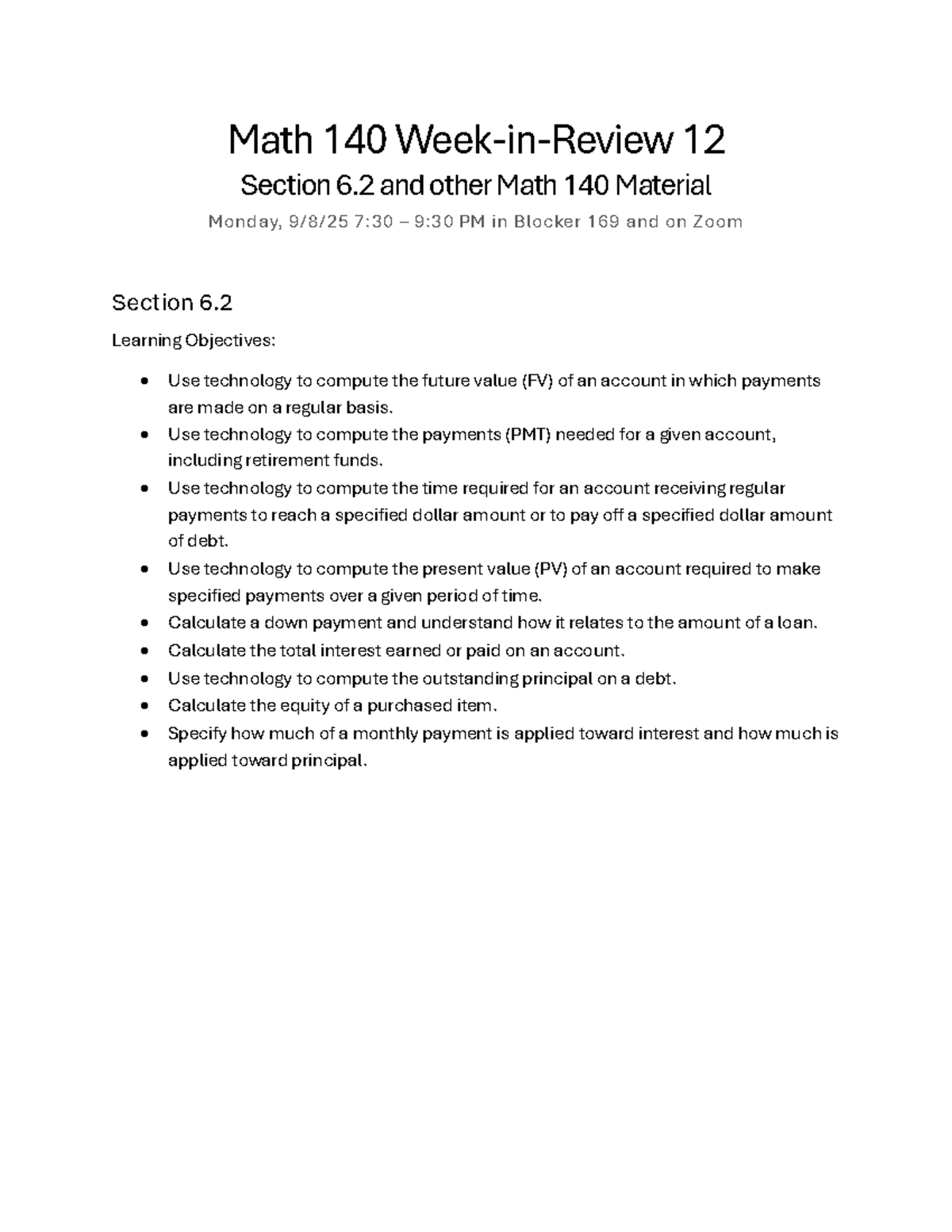 Math 140 Week-in-Review 12: Financial Calculations - Studocu