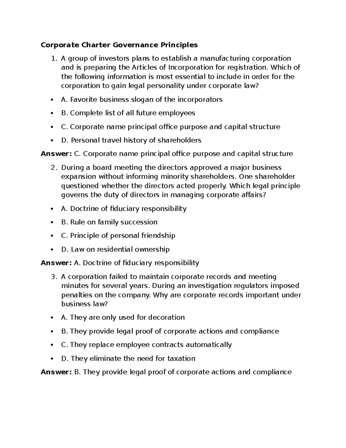 Corporate Charter Governance Principles: Key Legal Concepts and Duties ...