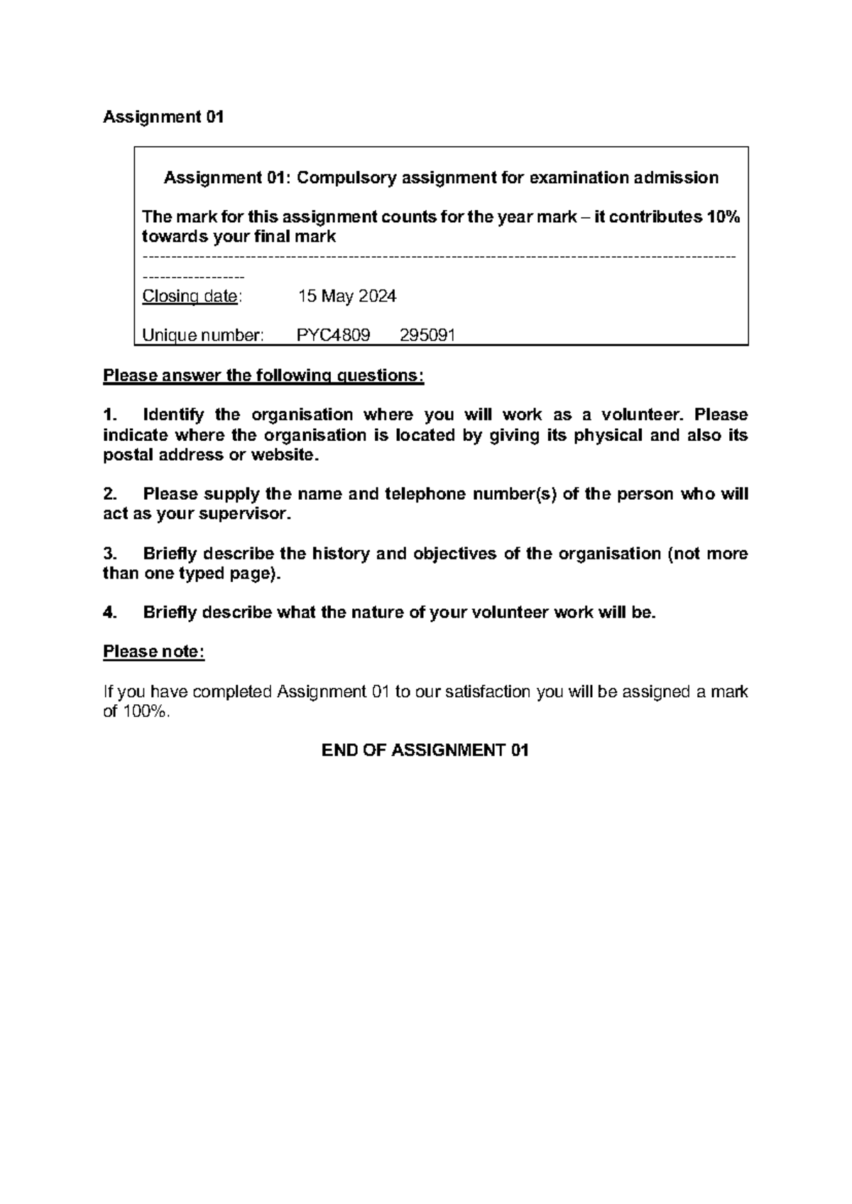 PYC4809 Compulsory Assignment 01 for Examination Admission 2024 - Studocu