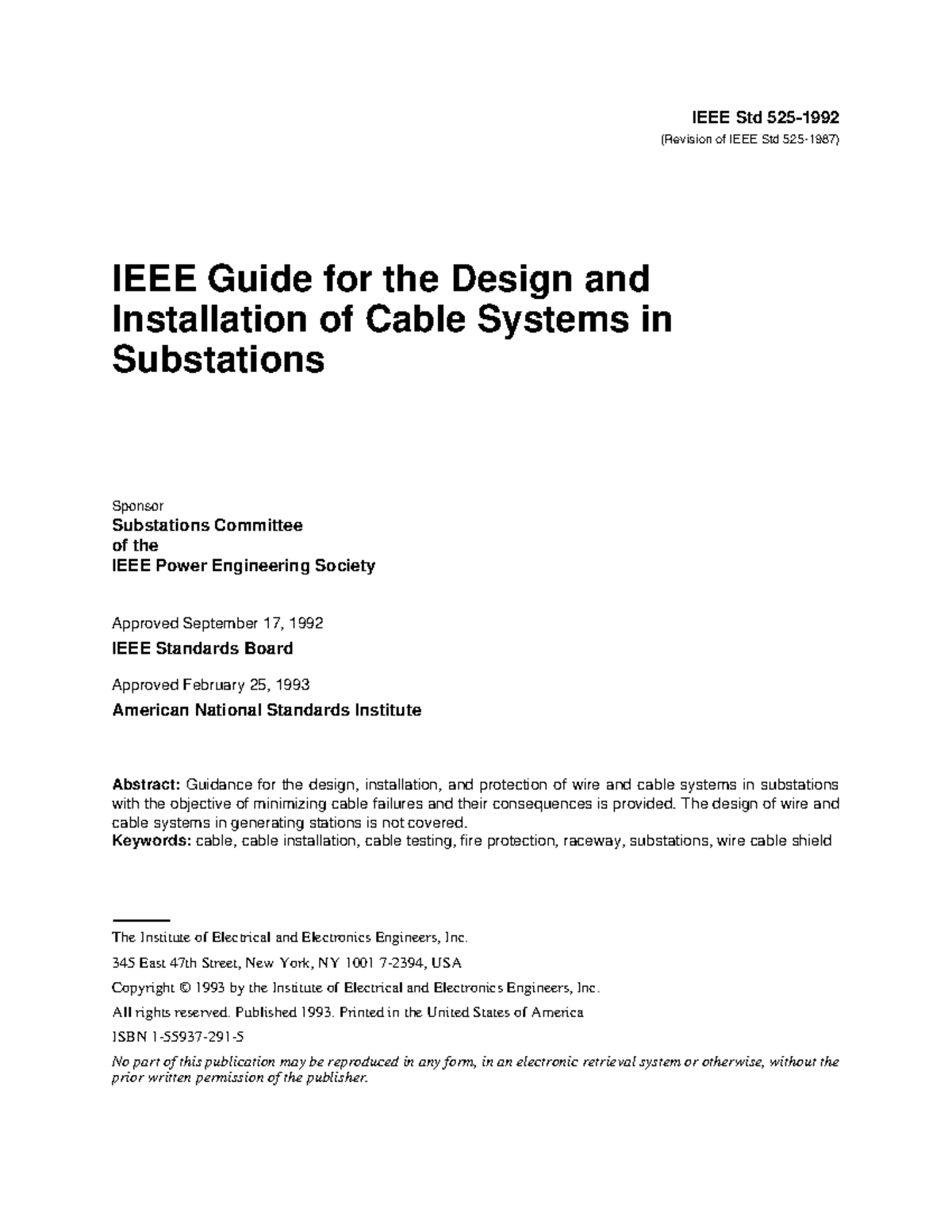 IEEE Std 525-1992 Guide for Cable System Design in Substations - Studocu