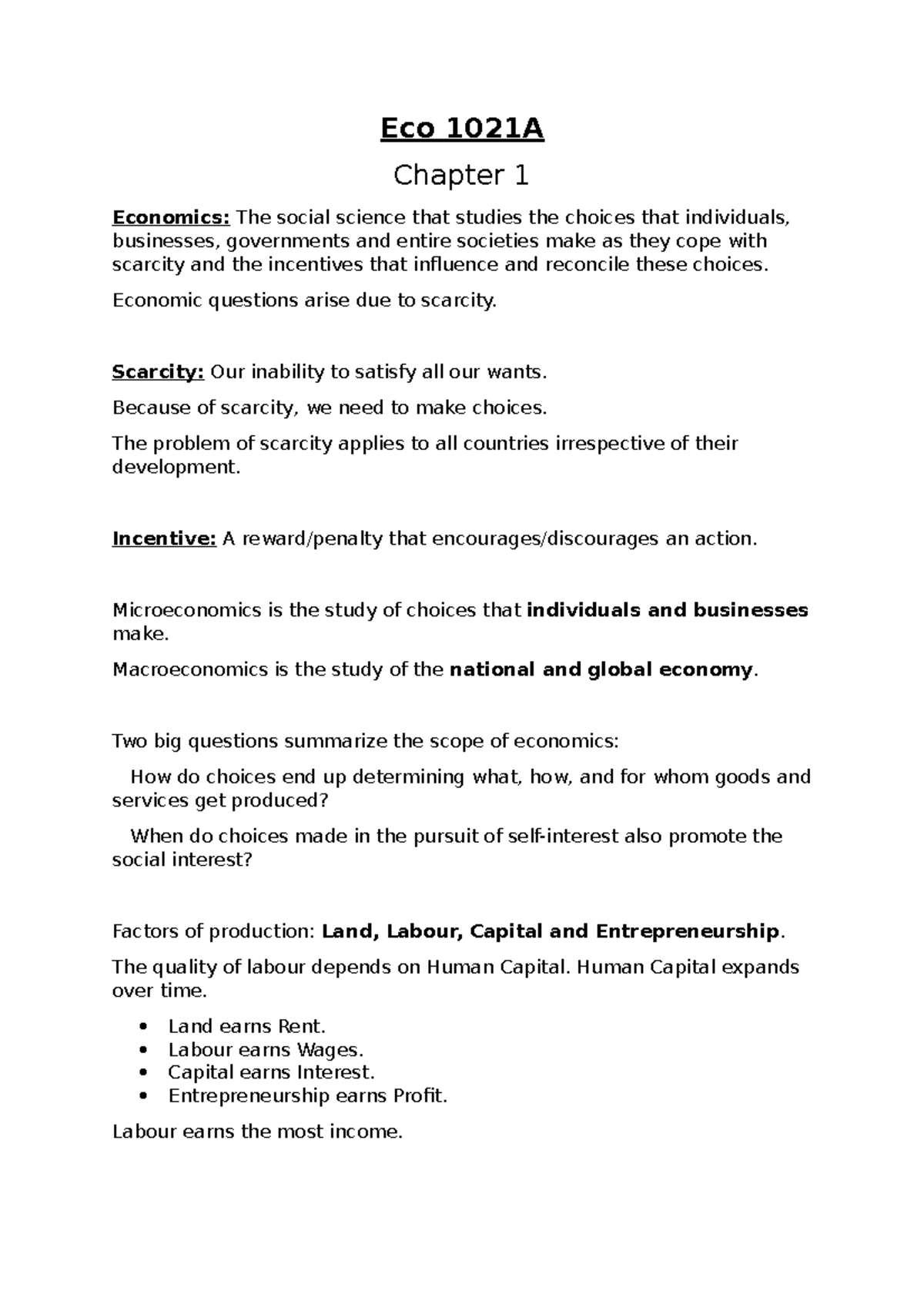 Econ1021A - Midterm 1 Study Notes: Key Concepts & Principles - Studocu
