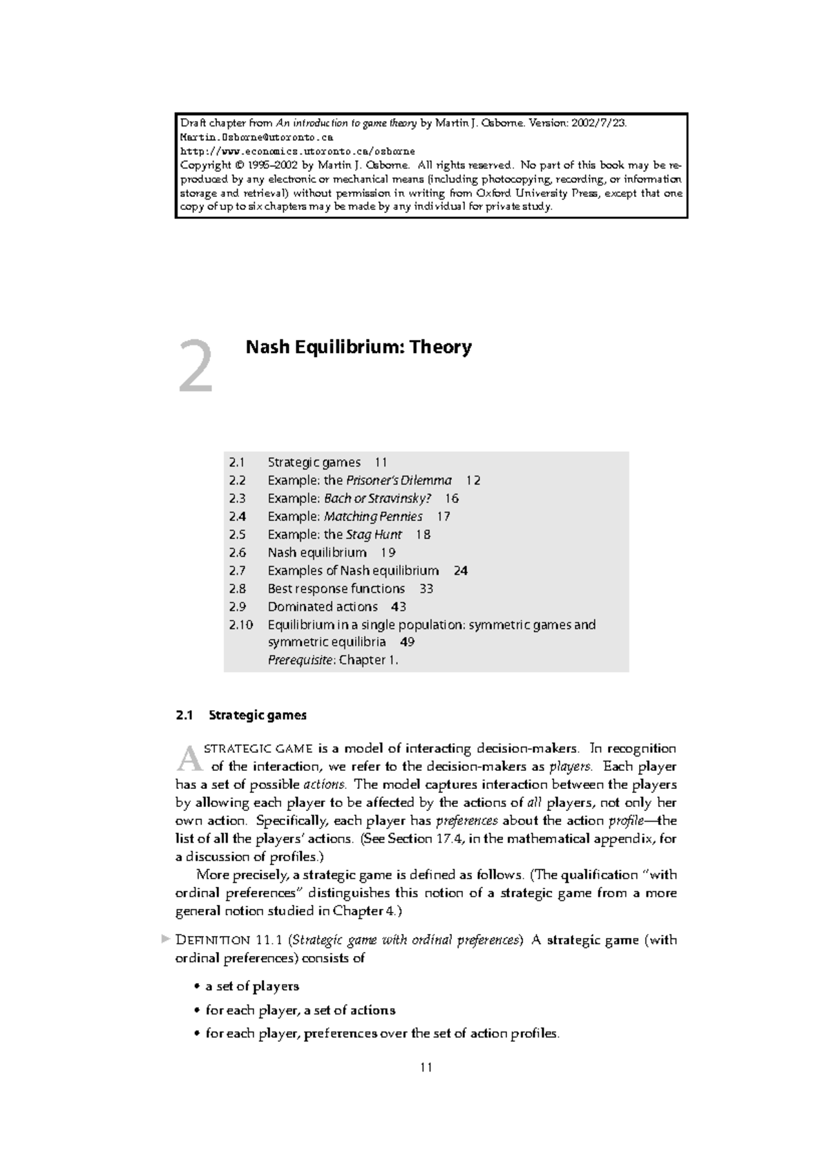 Nash Equilibrium- Notes with important problem. - Draft chapter fromAn ...