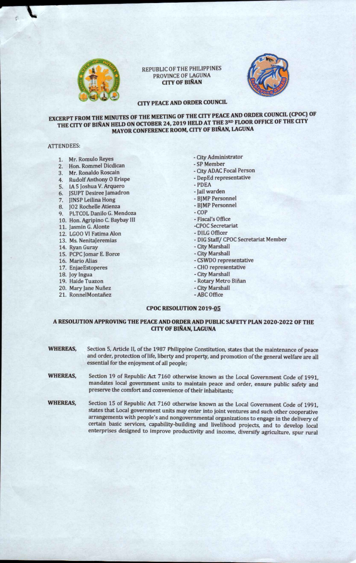 CPOC Resolution: Approving the POPS Plan for City of Biñan - Studocu