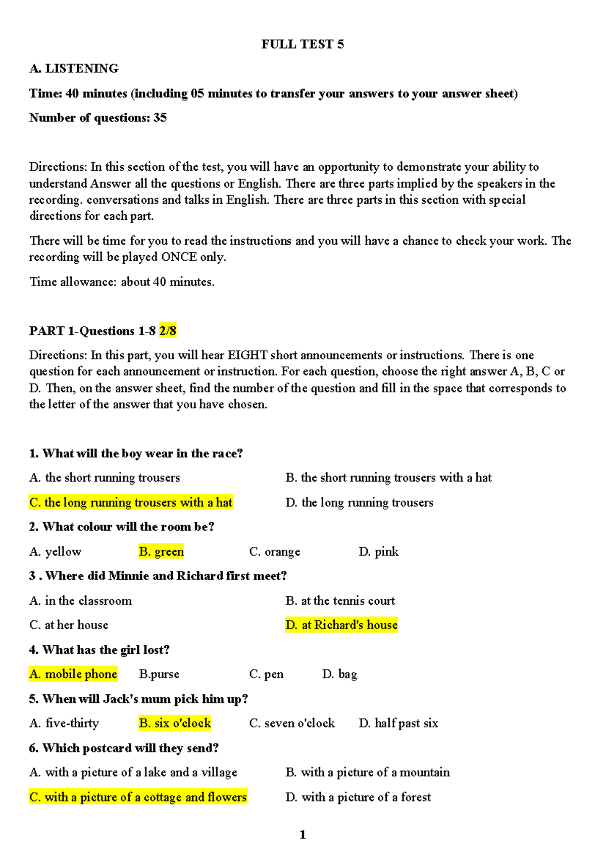 FULL TEST 5 - Listening and Reading Comprehension Exam - Studocu
