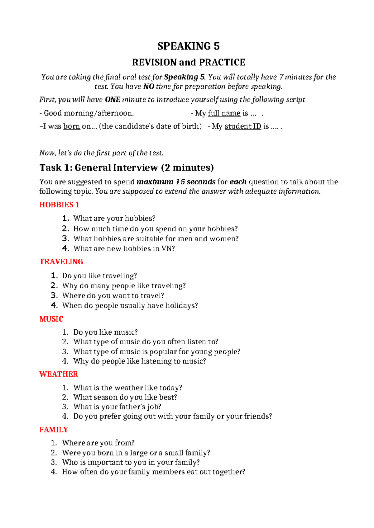 SPEAKING 5 FINAL ORAL TEST REVISION AND PRACTICE - Studocu