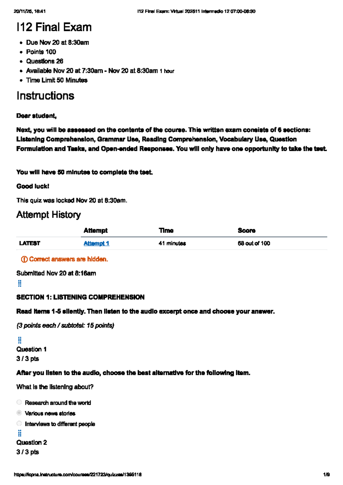 I12 Final Exam: Virtual 202511 Intermedio 12 Overview and Instructions ...