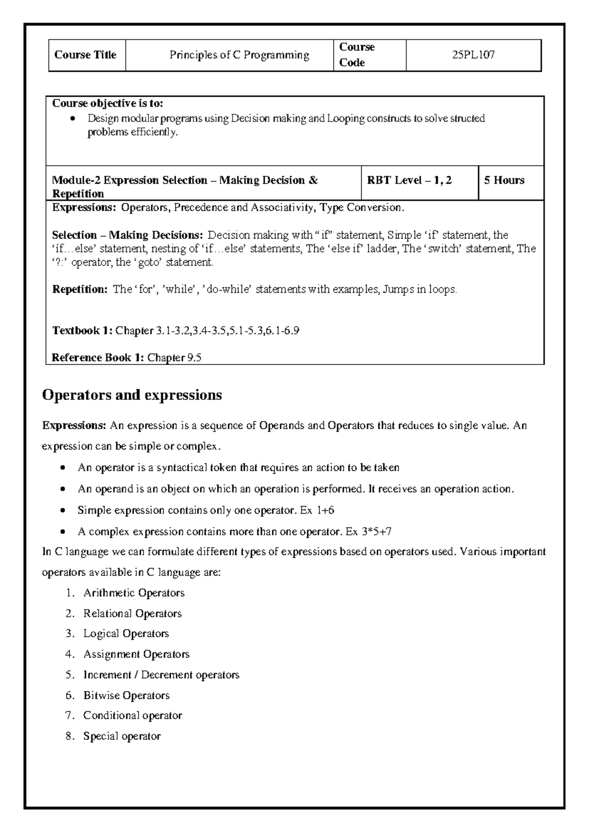 C Programming 25PL107 - Module 2 Notes on Expressions & Operators - Studocu