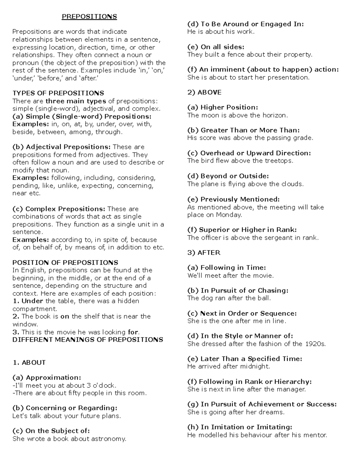 ENG 101 - Prepositions: Types, Uses, and Common Errors - Studocu