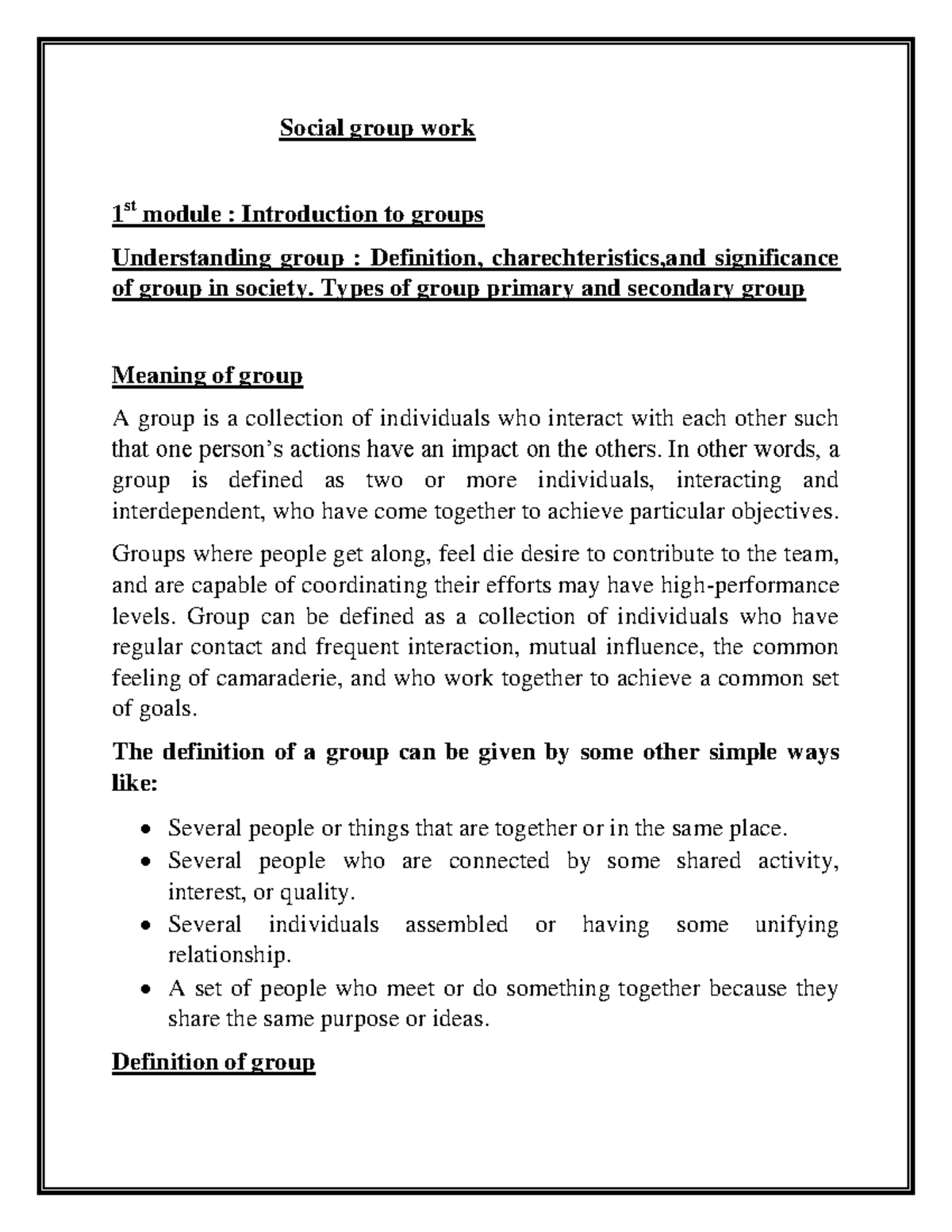 Social Group Work: Understanding Groups and Their Characteristics - Studocu