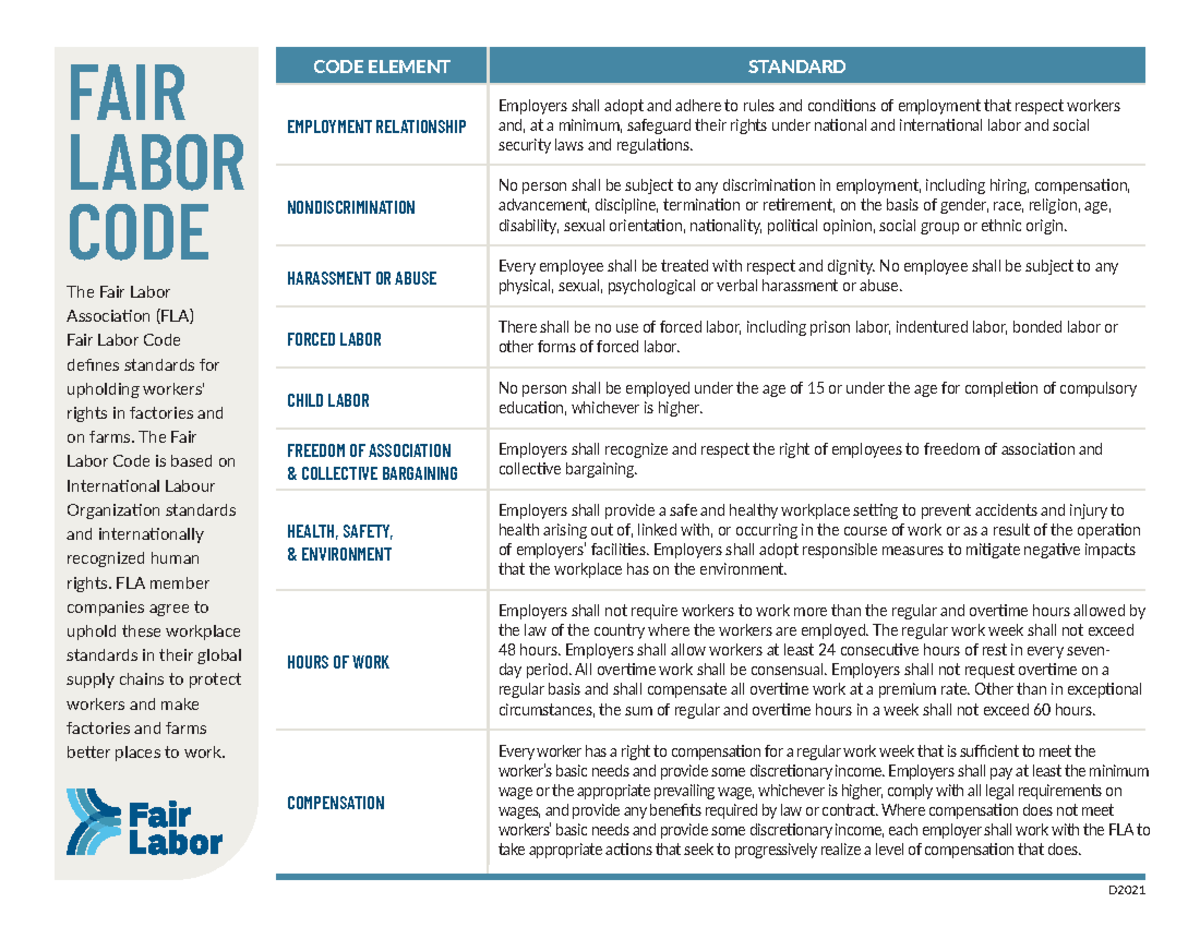 FLA Fair Labor Code Final-D2021 - The Fair Labor Association (FLA) Fair ...