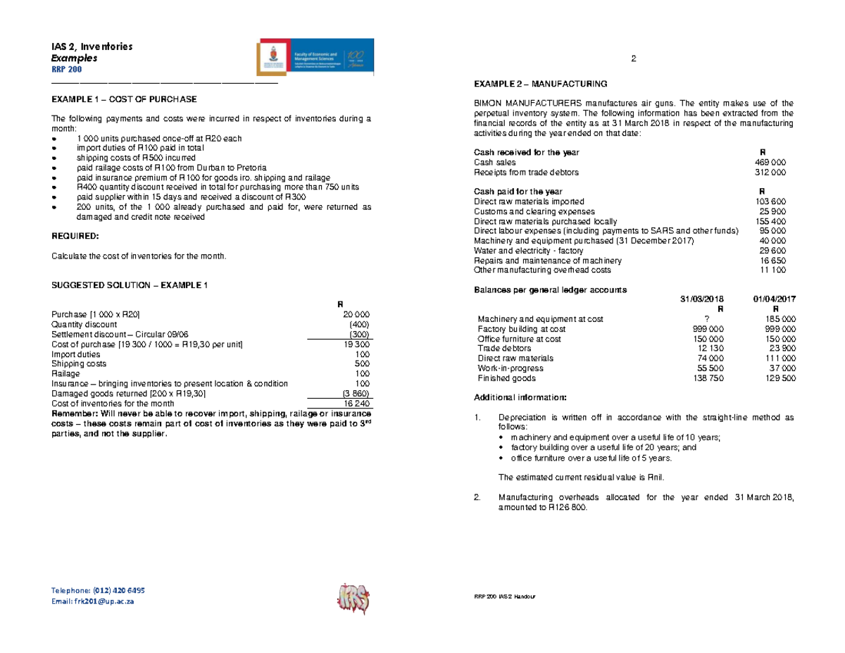 IAS 2: Inventory Valuation Examples and Questions for RRP 200 - Studocu
