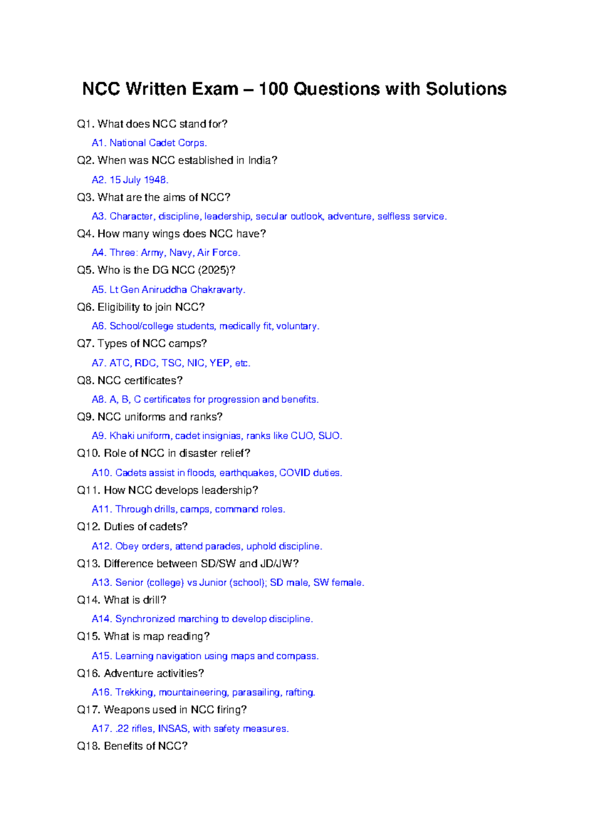 NCC Written Exam: 100 Questions & Solutions for Cadets - Studocu