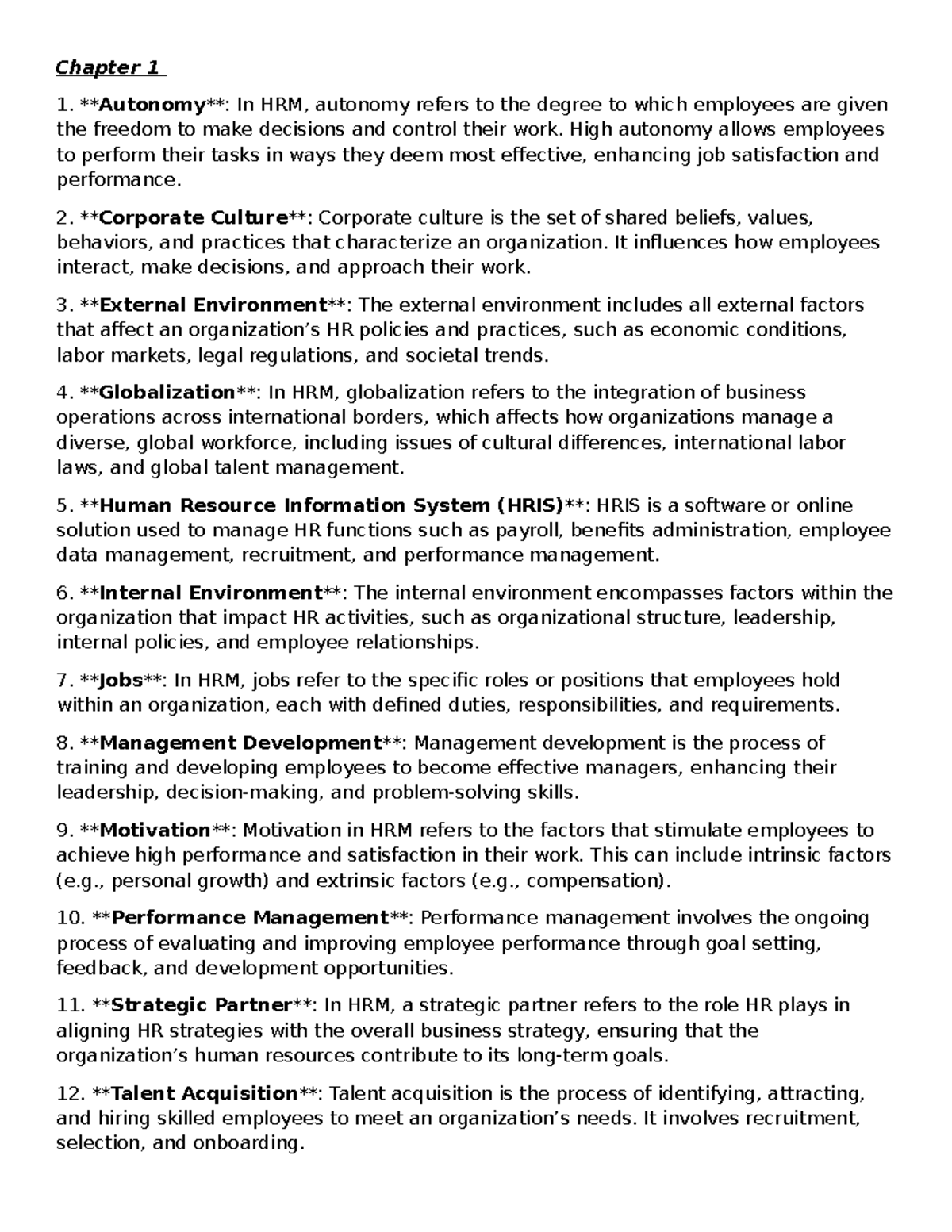 HRM 101: Chapter 1 Key Concepts and Definitions - Studocu