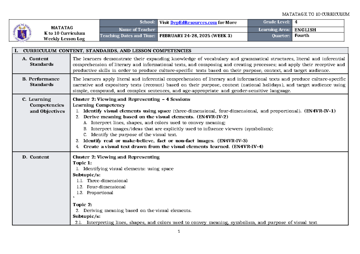 DLL Matatag English 4 Weekly Lesson Log Q4 W3 (Feb 2025) - Studocu