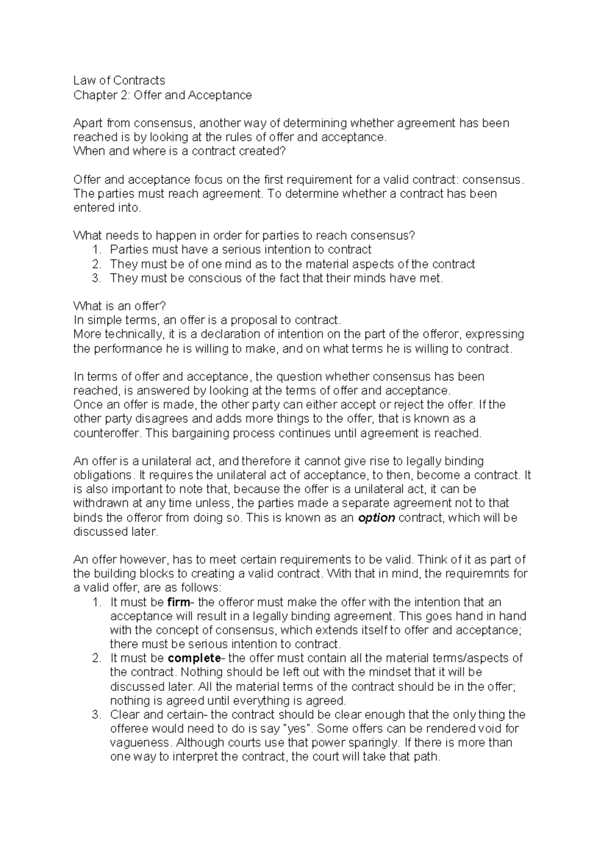 Law of Contracts (LWC101) - Chapter 2: Offer and Acceptance Explained ...