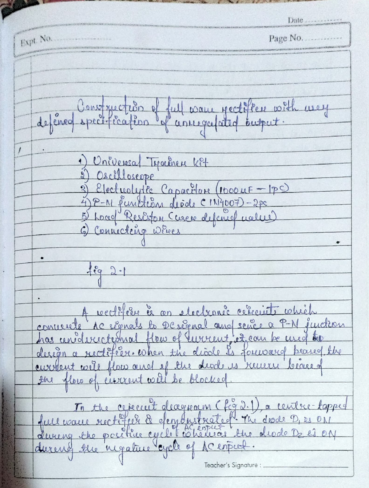 Experiment 2 handwritten - Basic Electronics - PageNo. 0hen the euoole ...