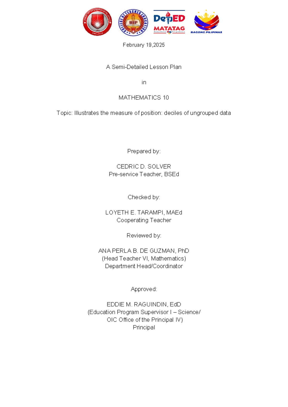 Deciles Lesson plan - February 19, A Semi-Detailed Lesson Plan in ...