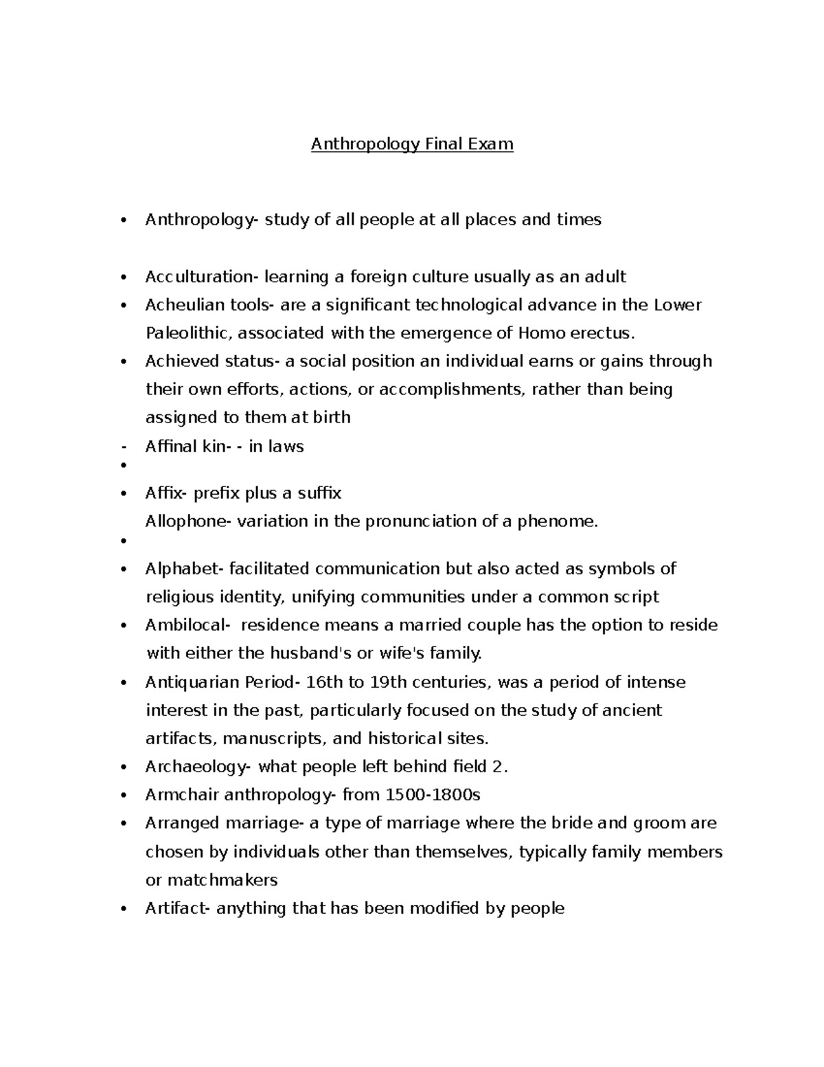 Anthropology Final Exam Review Notes for Course Code ANTH 101 - Studocu