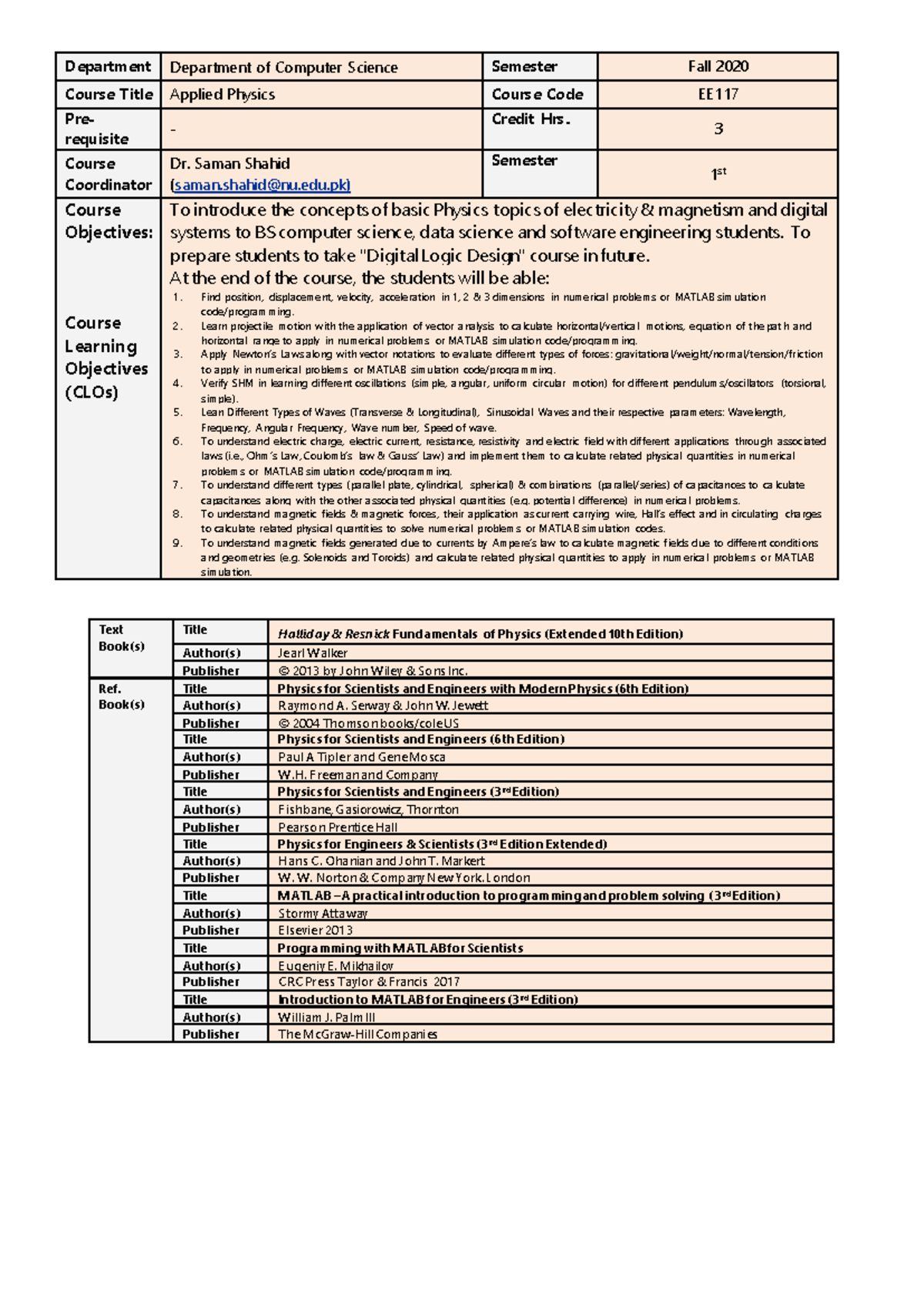 Applied Physics - Course Outline - Fall 2020 Version 3 CS - Department ...