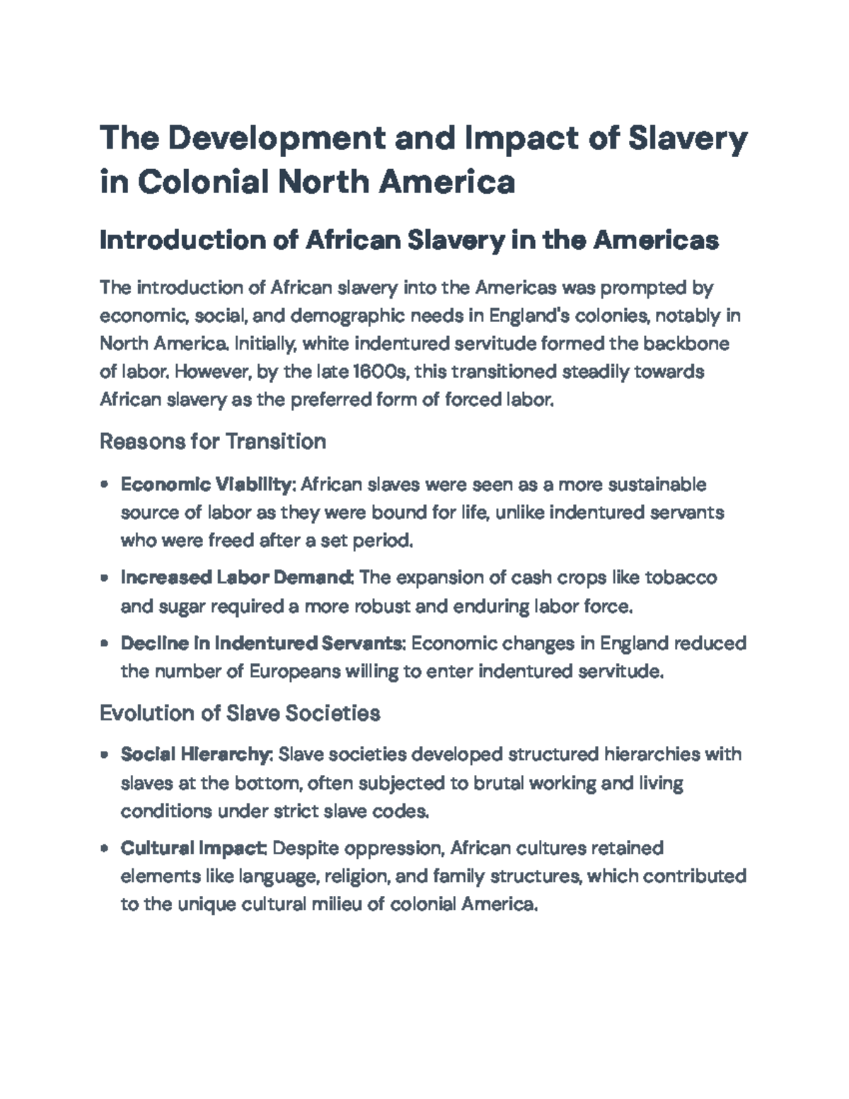 The Impact of African Slavery in Colonial North America (HIST 201 ...