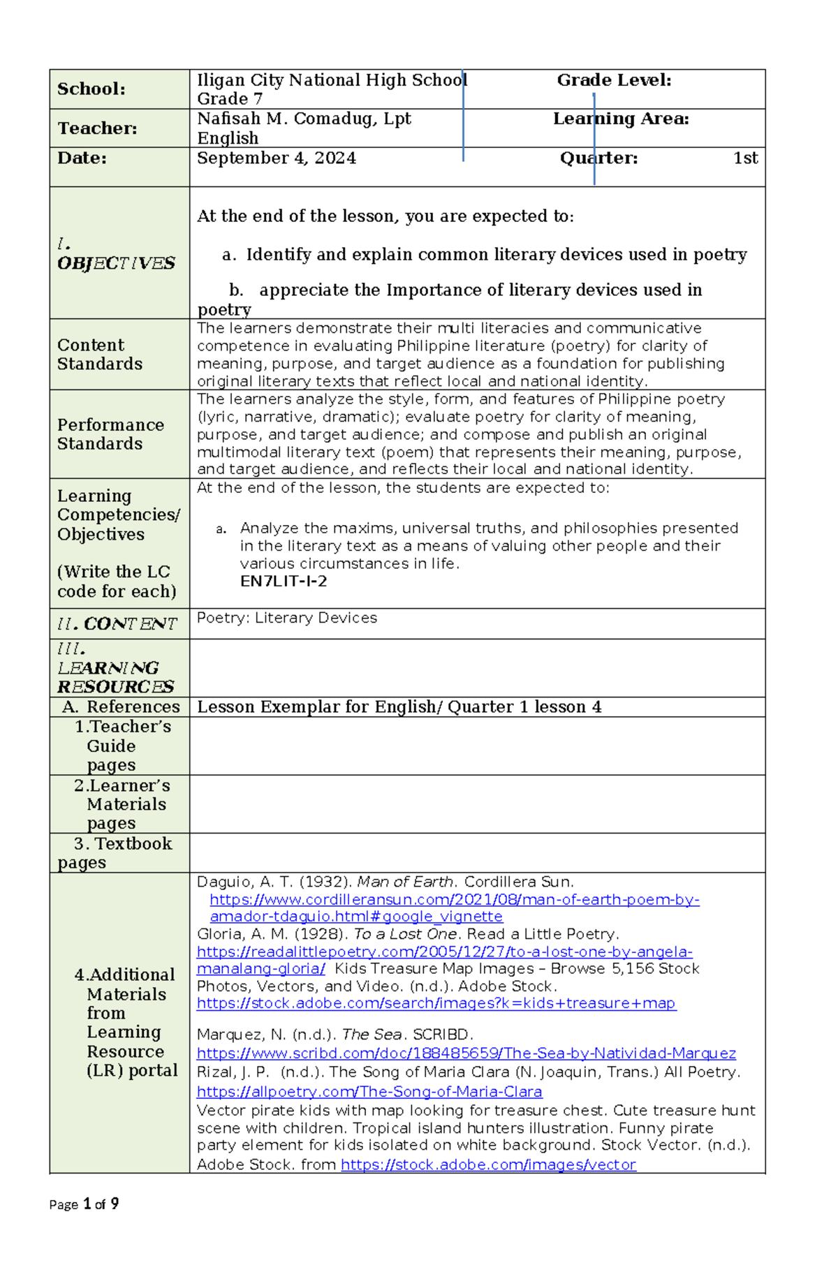 Grade 7 English Lesson Plan: Literary Devices in Poetry (Q1) - Studocu