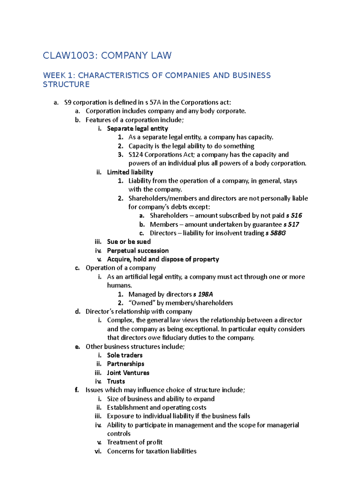 CLAW1003 - lecture notes - CLAW1003: COMPANY LAW WEEK 1 ...