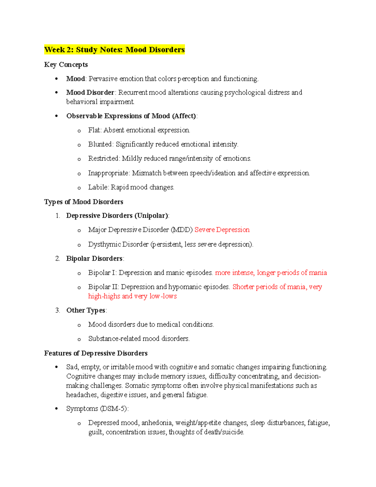 Week 2 Study Notes: Understanding Mood Disorders (Psych 101) - Week 2 ...