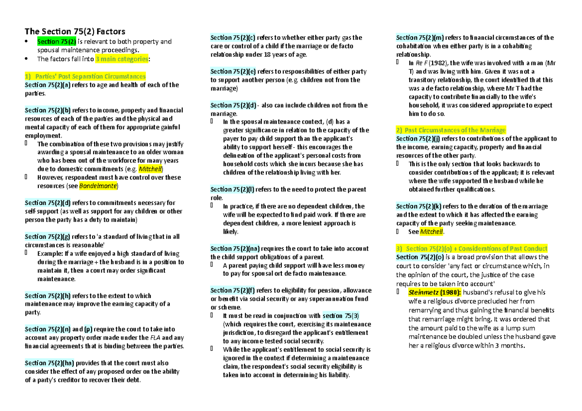Section 75(2) Factors in FLA: Impact on Property & Maintenance - Studocu