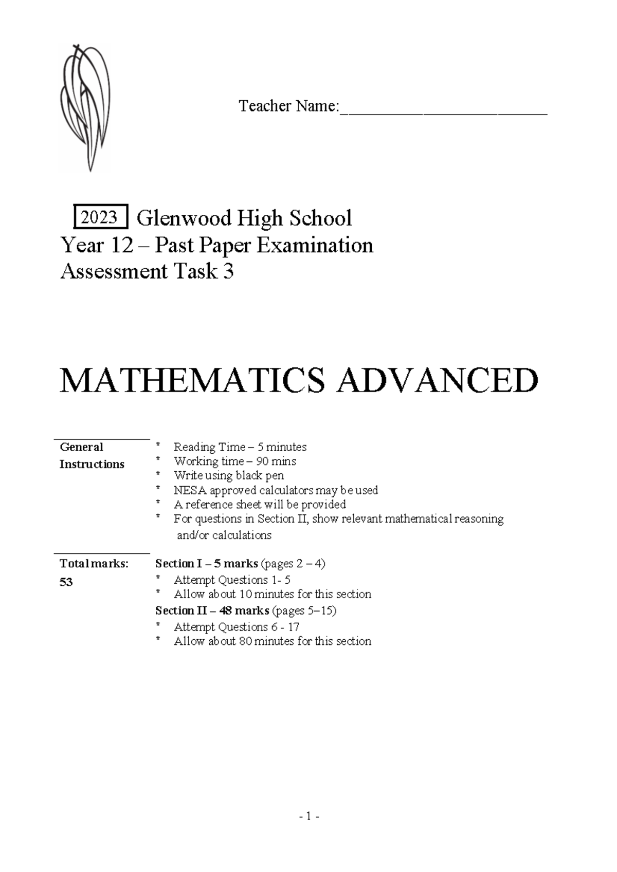 2023 Yr 12 Adv Mathematics Exam Past Paper Assessment Task 3 - Studocu