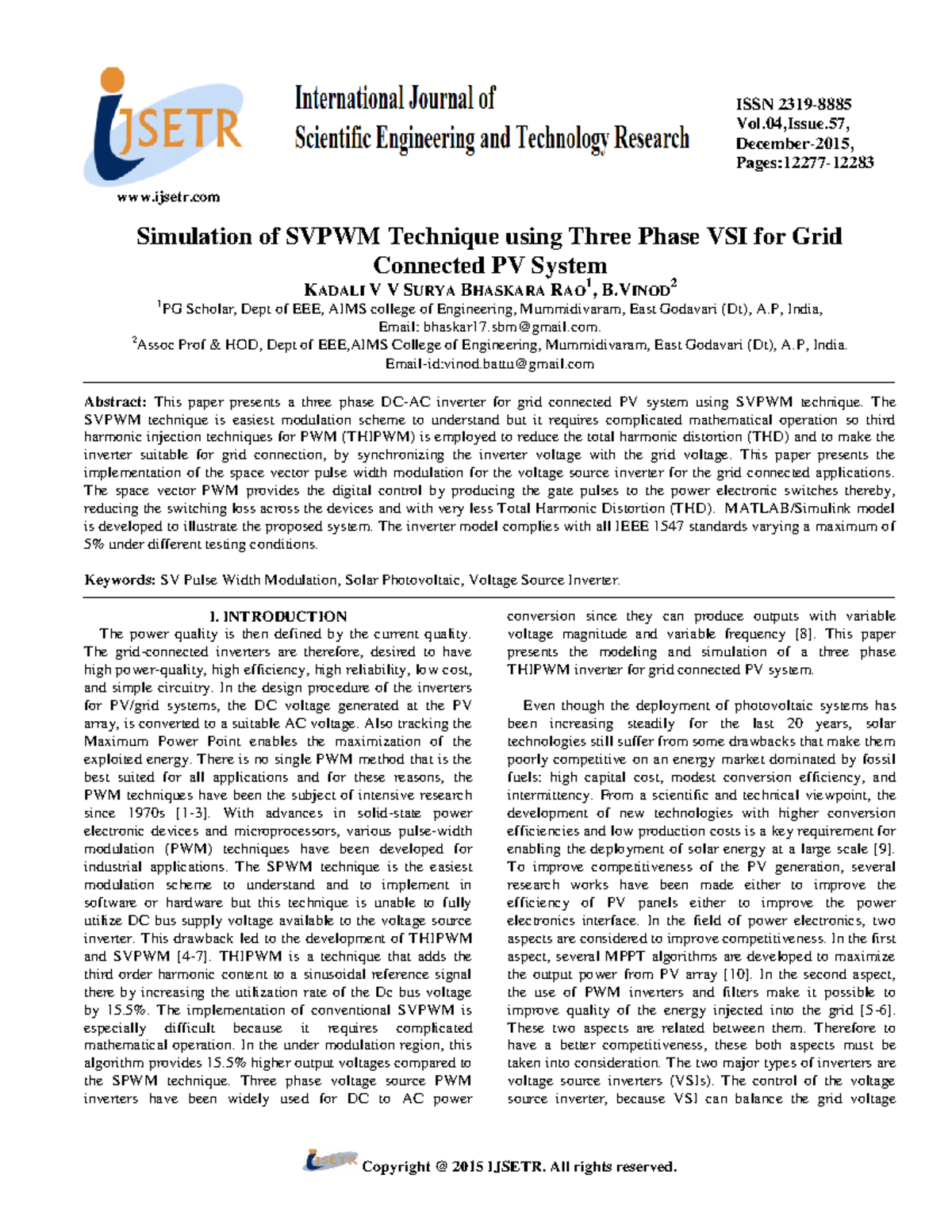 Simulation of SVPWM Technique with Three Phase VSI for Grid Connected ...