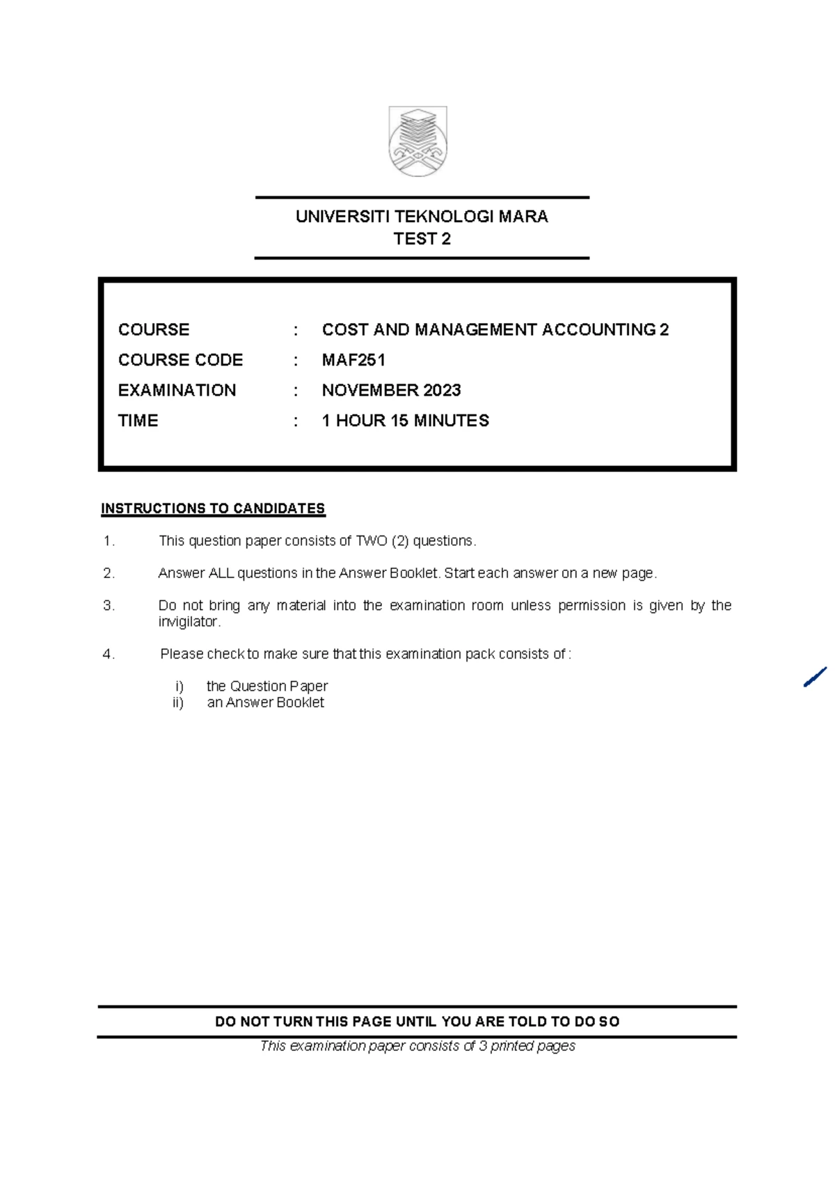 TEST 2 MAF251 COST & MANAGEMENT ACCOUNTING JUNE 2022 EXAM PAPER - Studocu