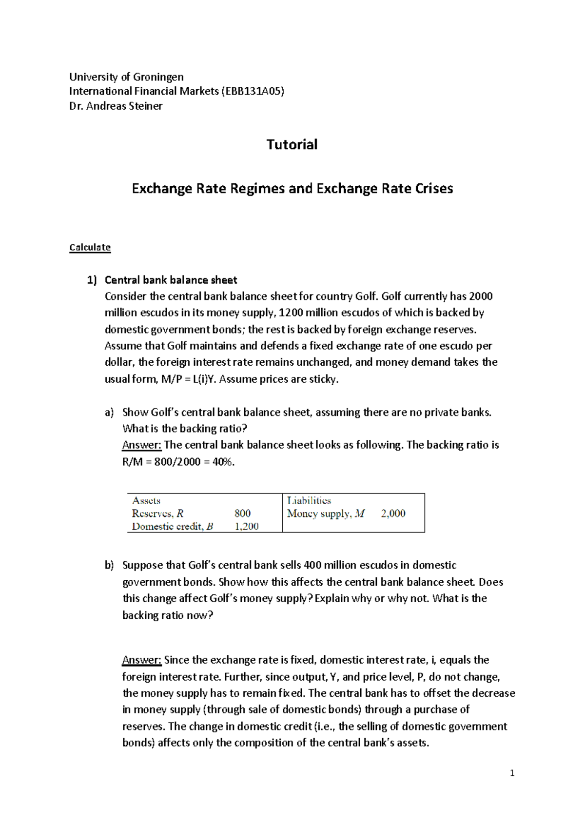 EBB131A05 Tutorial: Exchange Rate Regimes & Crises Analysis - Studeersnel