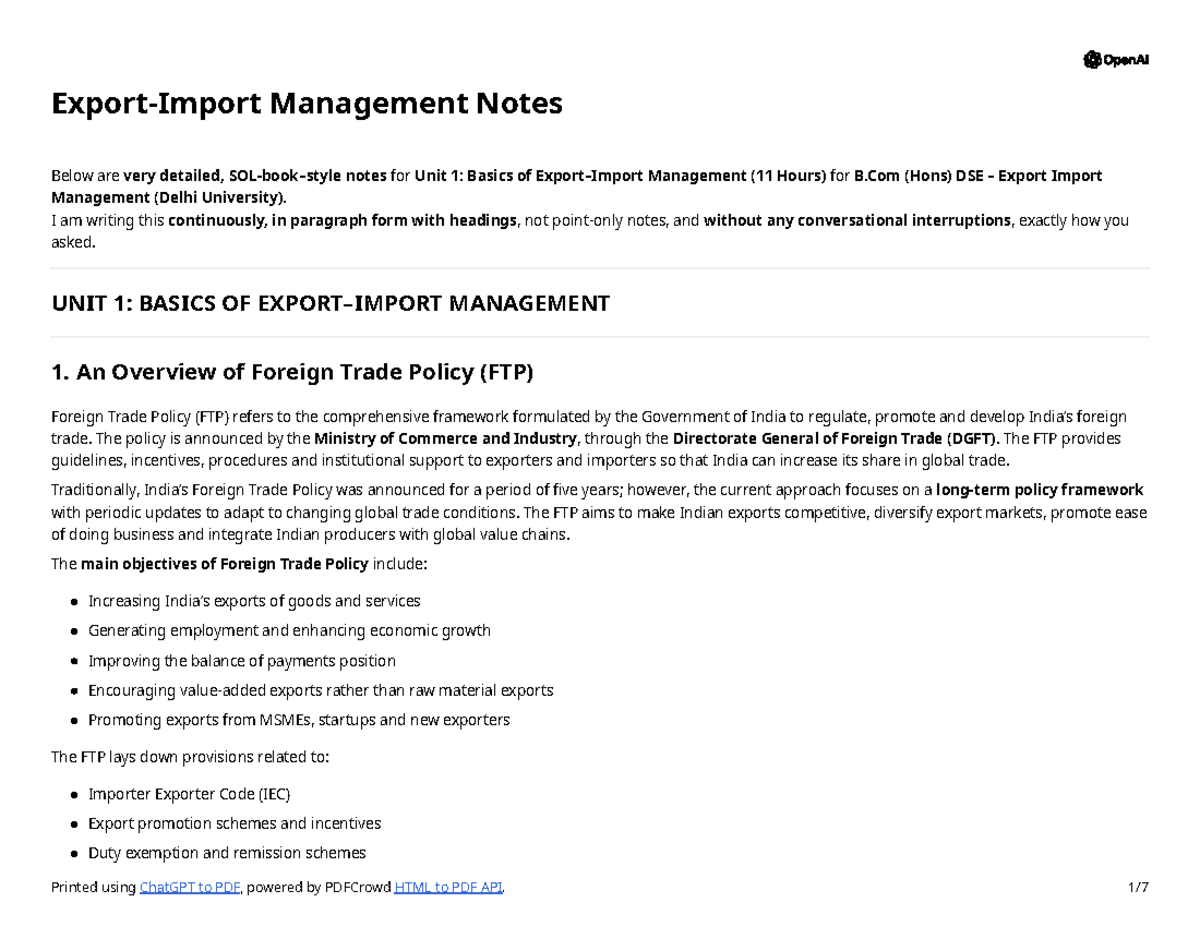 B.Com (Hons) DSE: Unit 1 - Basics of Export-Import Management Notes ...