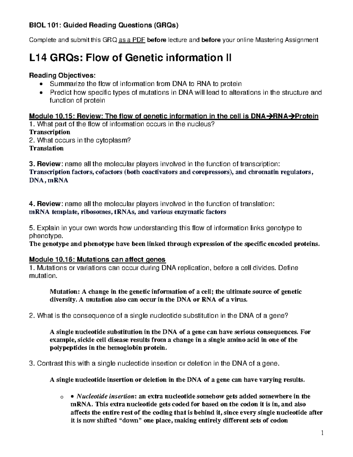 BIOL 101: Lesson 14 GRQs - Flow of Genetic Information II - Studocu
