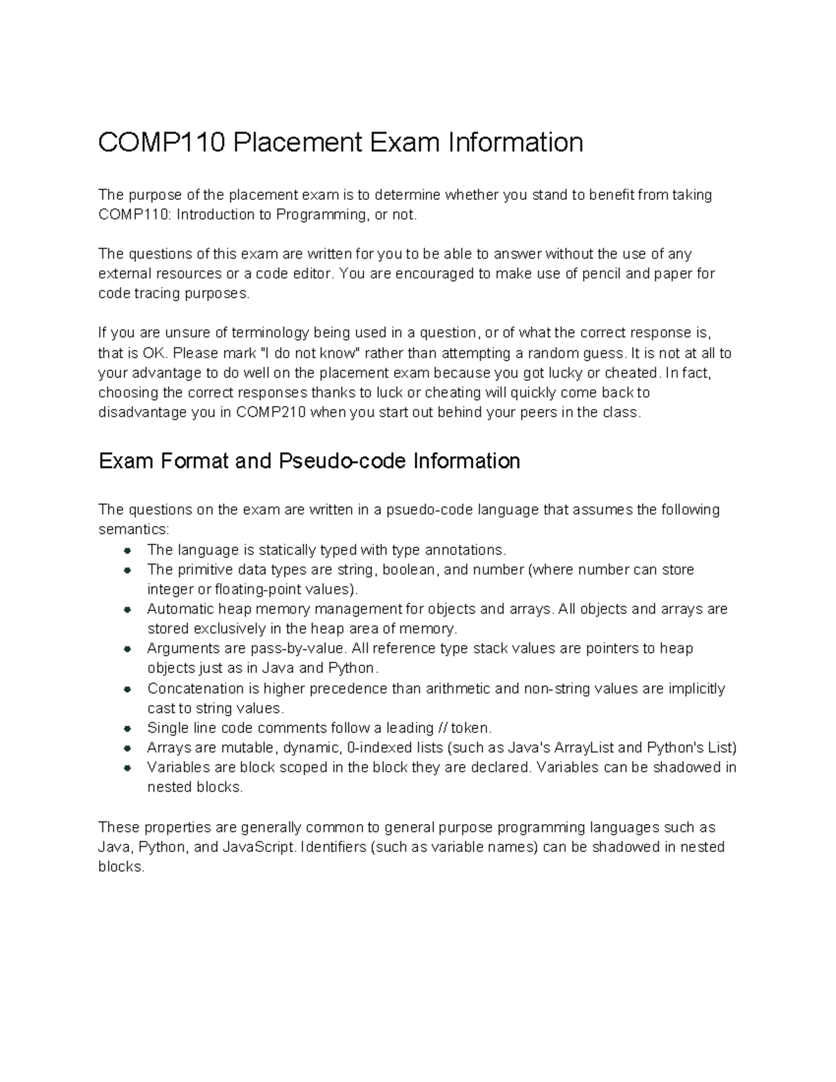 COMP110 Placement Exam Preparation Guide and Pseudo-code Insights - Studocu