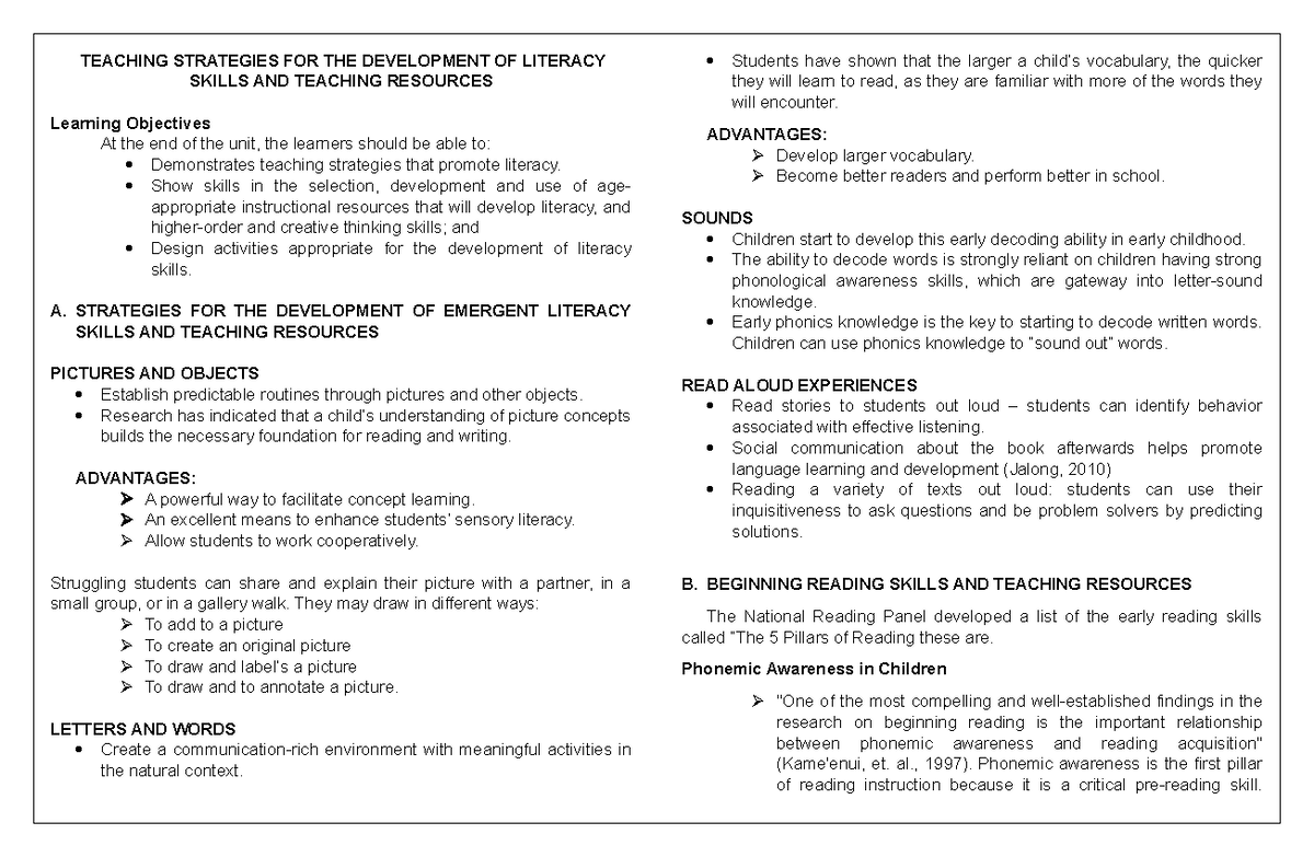 Teaching Strategies for Literacy Development in ED-102 Course - Studocu