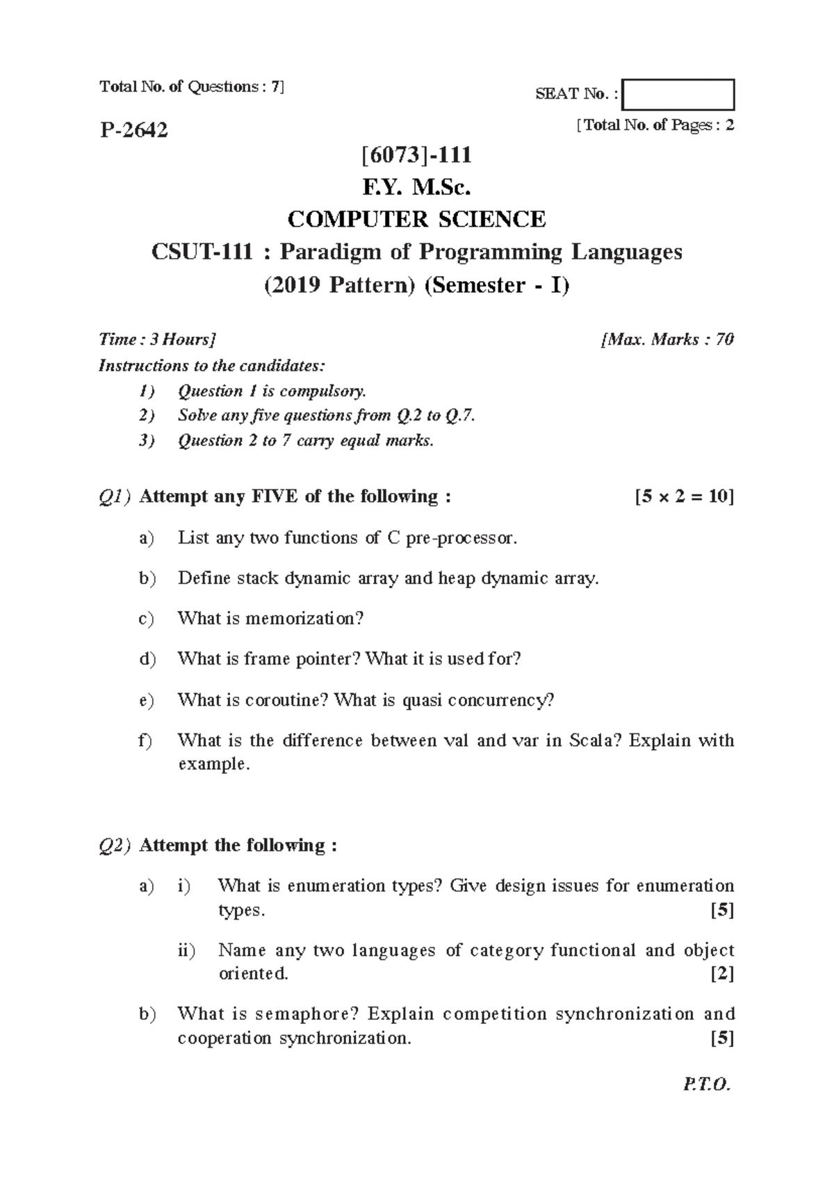 M.SC ( Computer Science ) 2019 Pattern question paper-2 - Total No. of ...