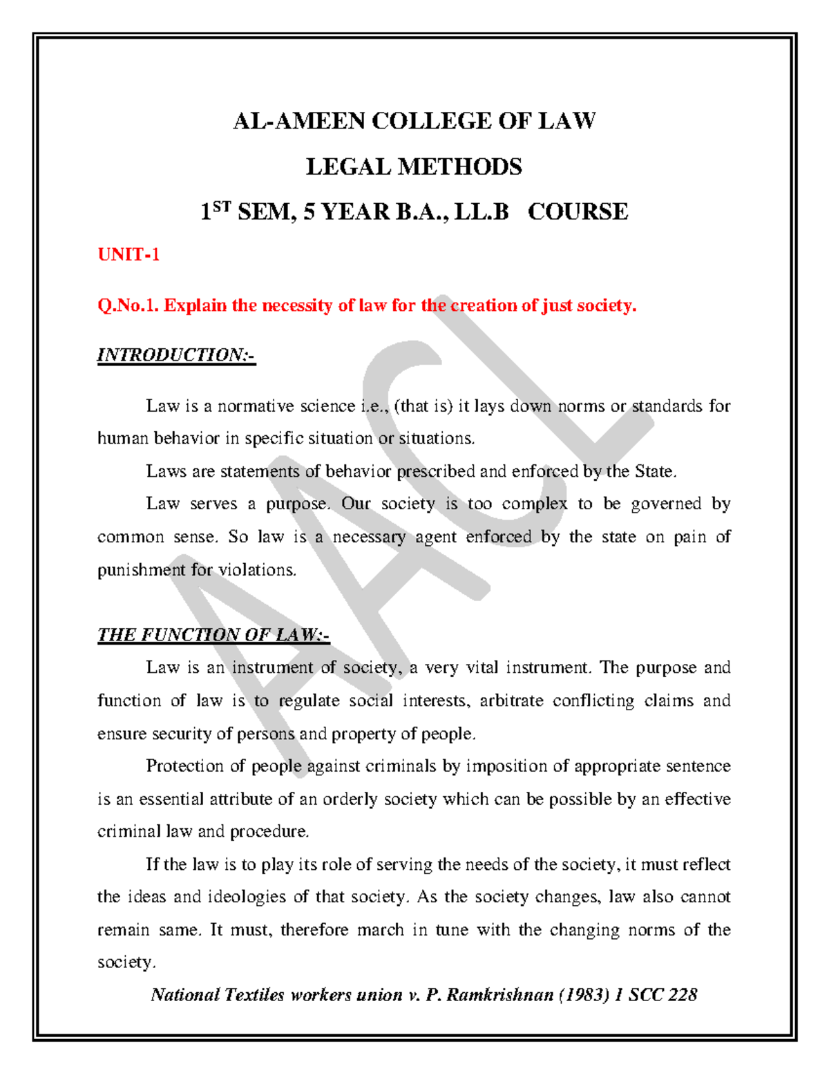 Legal Methods (1) - Examining Law's Role in Society and Justice - Studocu