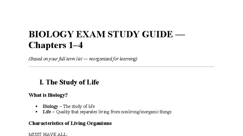 BIO 101 FINAL EXAM STUDY GUIDE: Chapters 1-4 Notes - Studocu