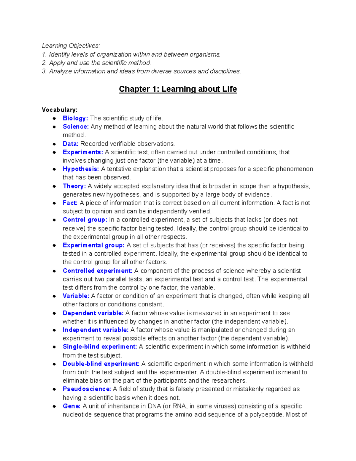 BSC1005 Final Exam Study Notes: Chapter 1 - Biology Concepts (Spring ...