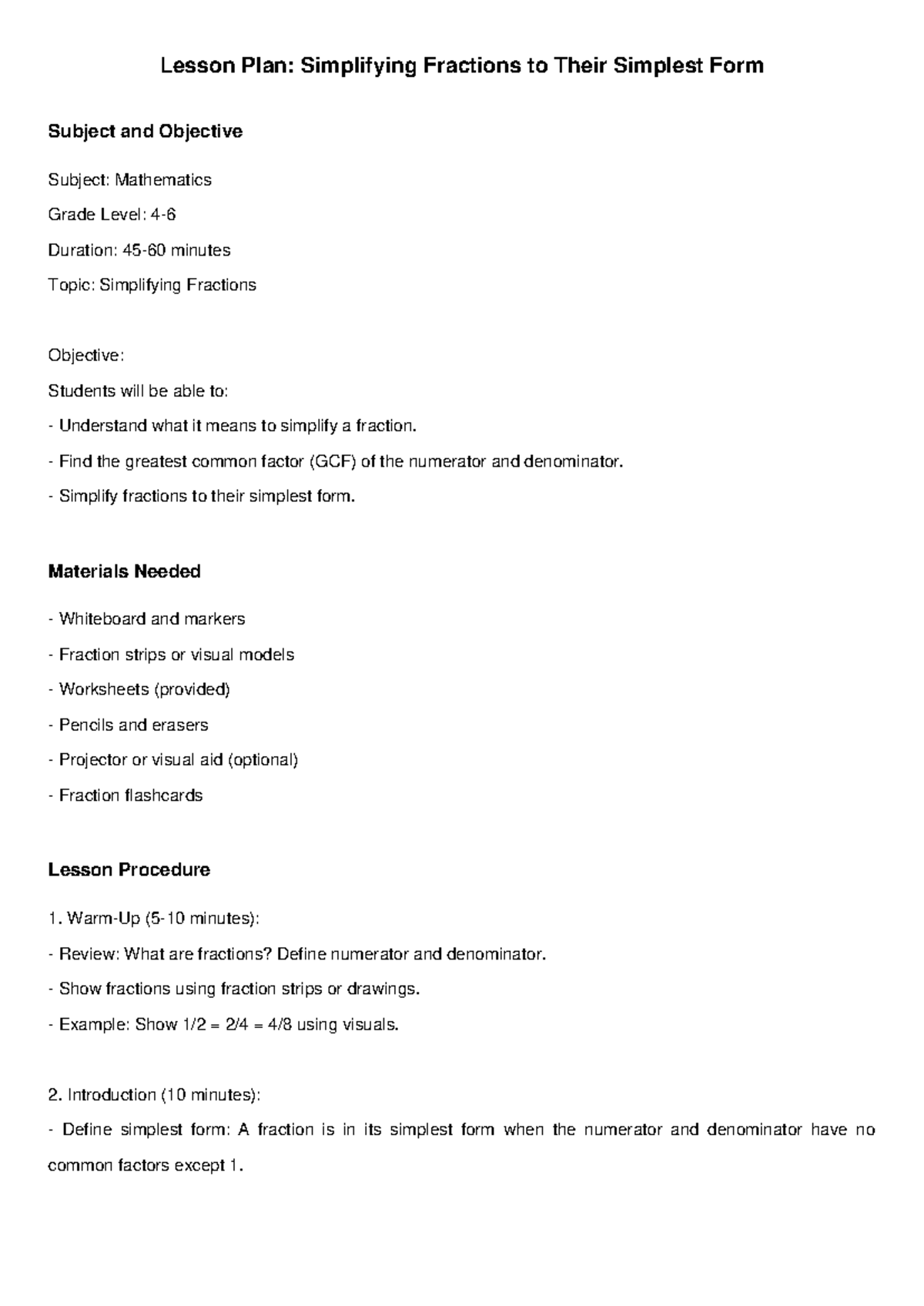 Math 4 - Simplifying Fractions Lesson Plan for Classroom Teaching - Studocu