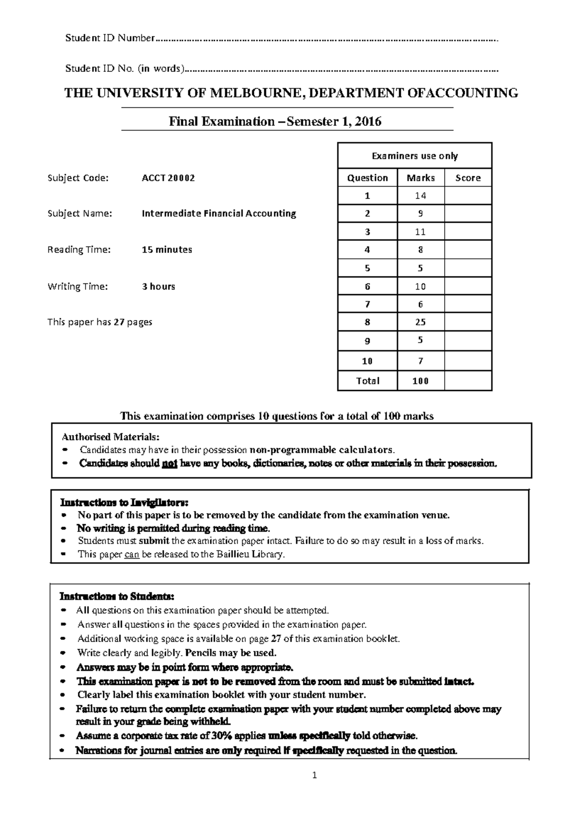 Final Exam 2016: ACCT 20002 Intermediate Financial Accounting - Studocu